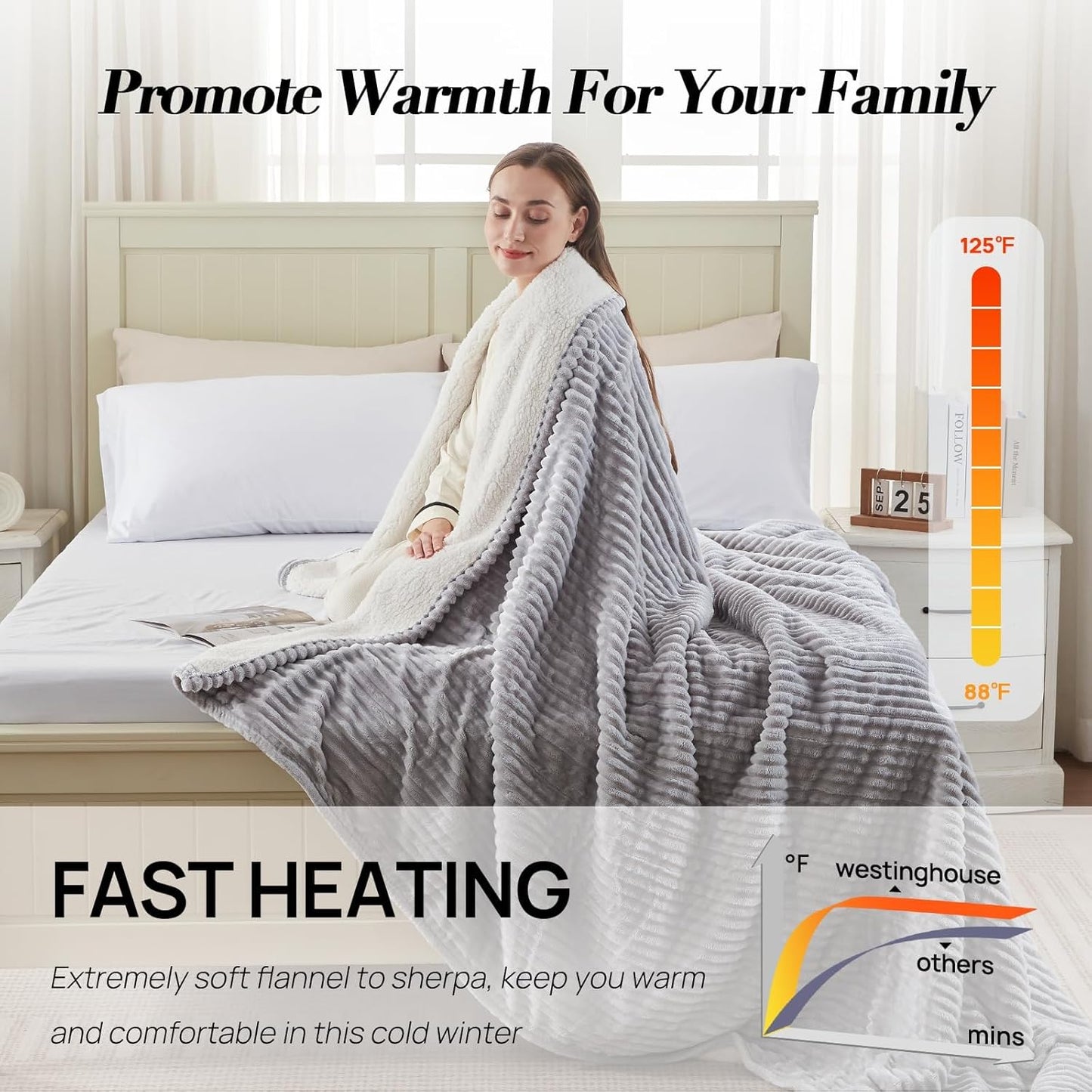 Westinghouse King Size Heated Blanket, Soft Flannel to Sherpa Reversible Electric Blanket King Size with 10 Heating Levels & 1-12 Hours Auto Shut Off, Machine Washable, (100" x 90", Light Grey)
