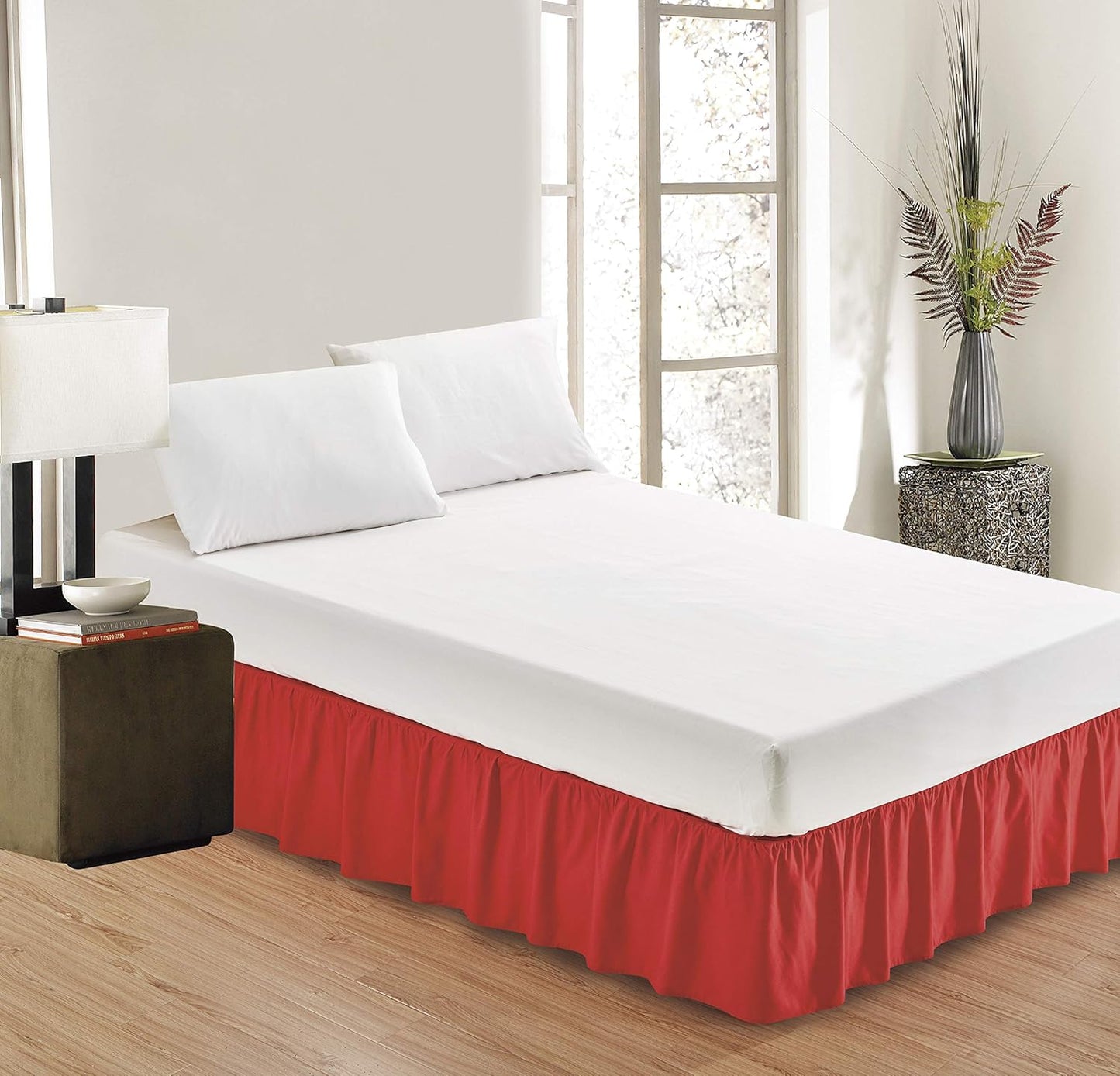 Sheets & Beyond Wrap Around Solid Microfiber Luxury Hotel Quality Fabric Bedroom Gathered Ruffled Bedding Bed Skirt 14 Inch Drop (King, Red)
