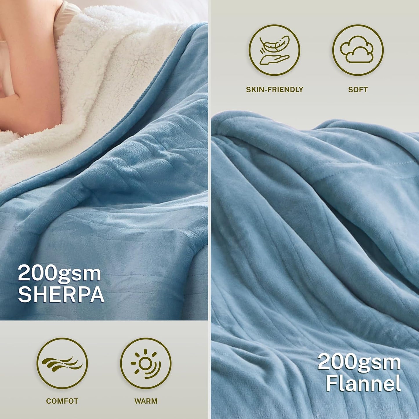 Heat Blanket 50”x60” Throw,Soft Flannel & Sherpa Reversible Electric Blanket with 10 Heat Settings,12 Timer Setting and 3 Hours Auto-Shut Off,ETL Certified Machine Washable,Light Blue
