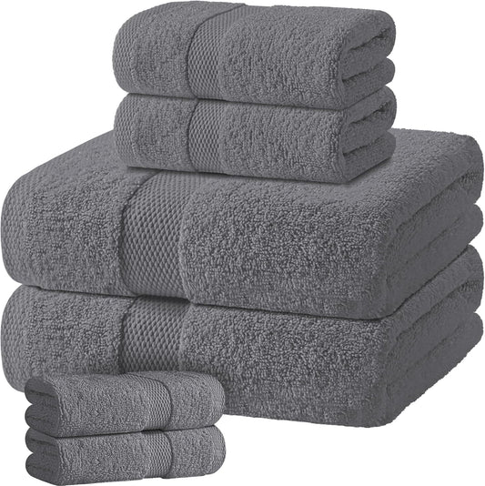 Gray Bath Towel Set of 6 - 100% Cotton Highly Absorbent Towels for Bathroom, 2 Luxury Bath Towels 650GSM, 2 Hand Towels, 2 Washcloths