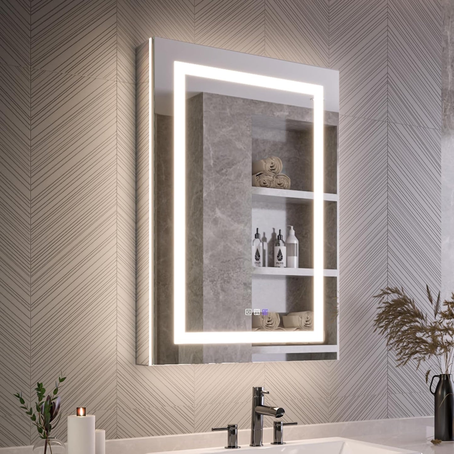 Lighted Medicine Cabinet with Mirror 24"x36" Recessed LED Medicine Cabinet Mirror, Front&Backlit, Anti-Fog, Stepless Dimming, 3-Color Temperatures, Magnifier, 2 Outlets, Storage Shelves, Left Hinge