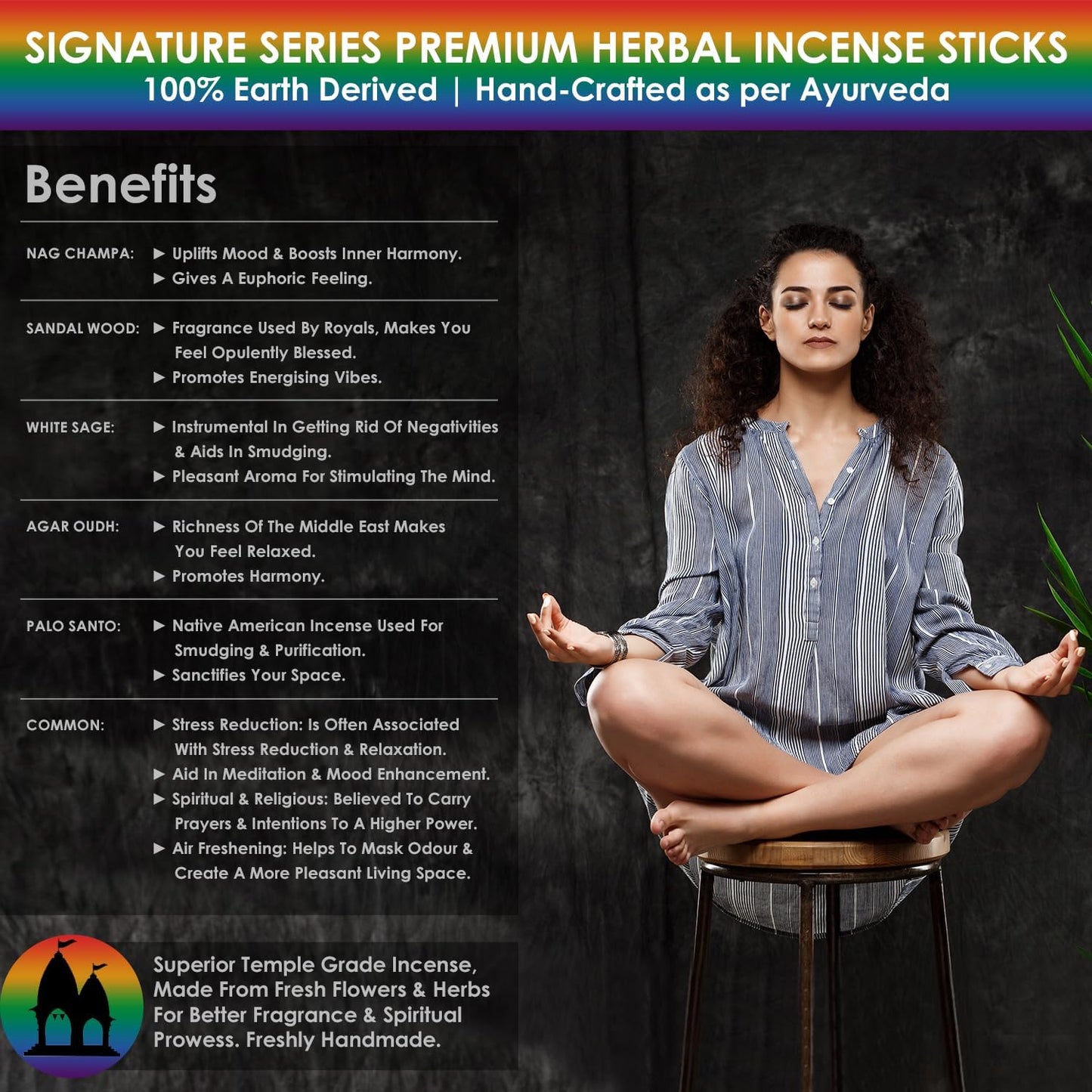 Simply Vedic Signature Incense Sticks Gift Set | 120 Natural Hand-Rolled Non-Toxic Agarbatti with Holder | Sandalwood, Nag Champa, Oudh, Palo Santo, Lavender, Sag | Aromatherapy Meditation Pooja Home