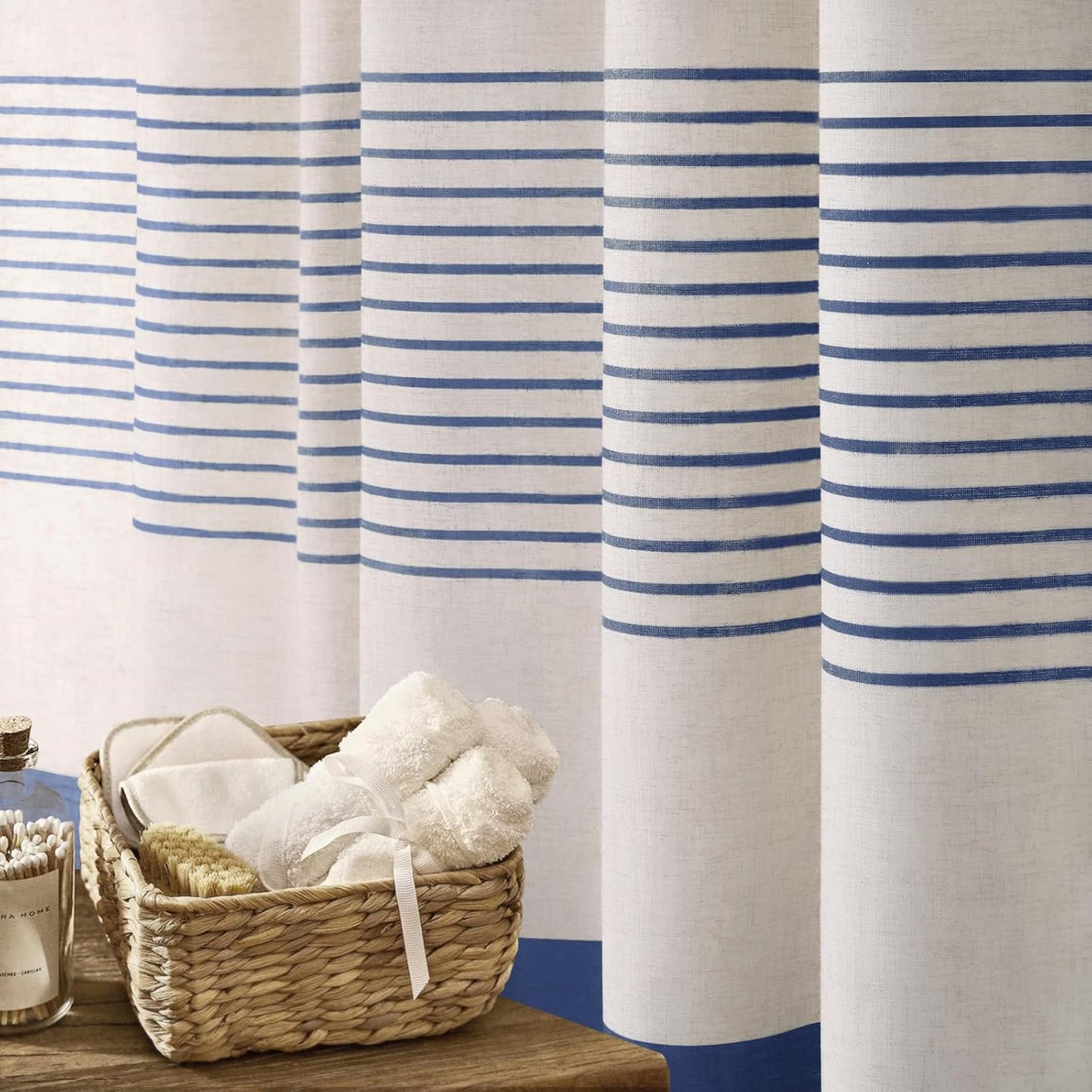 Awellife Blue Shower Curtain for Bathroom Linen Texture Stripe Tassel Shower Curtain 72 X 84 Inches Boho Neutral