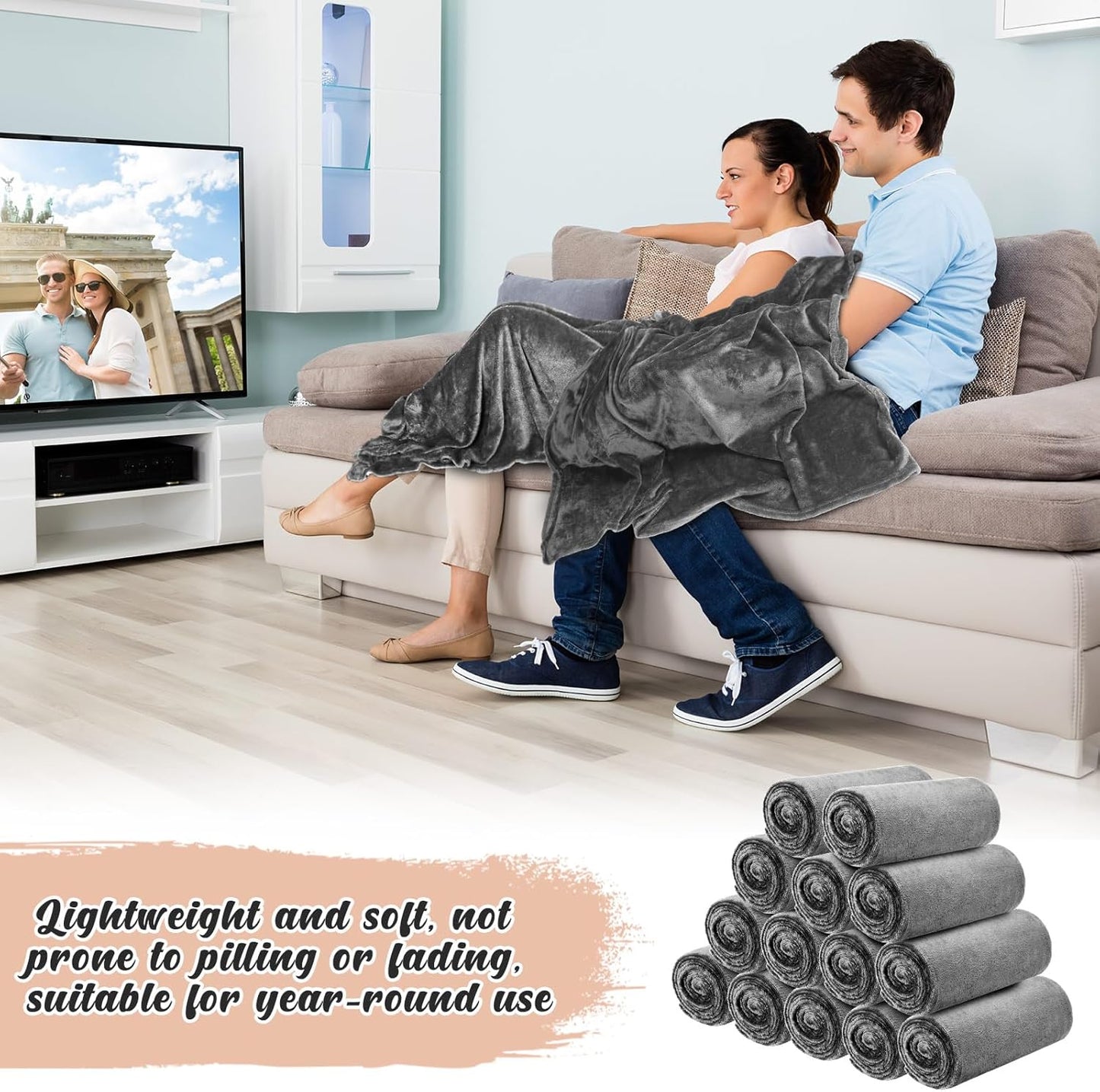 18 Pieces Fleece Blankets Bulk for Wedding 50 x 60 Inch Soft Lightweight Flannel Throw Blankets Bulk for Wedding Guests Home Outdoor Couch Sofa Bed Gifts(Dark Gray)