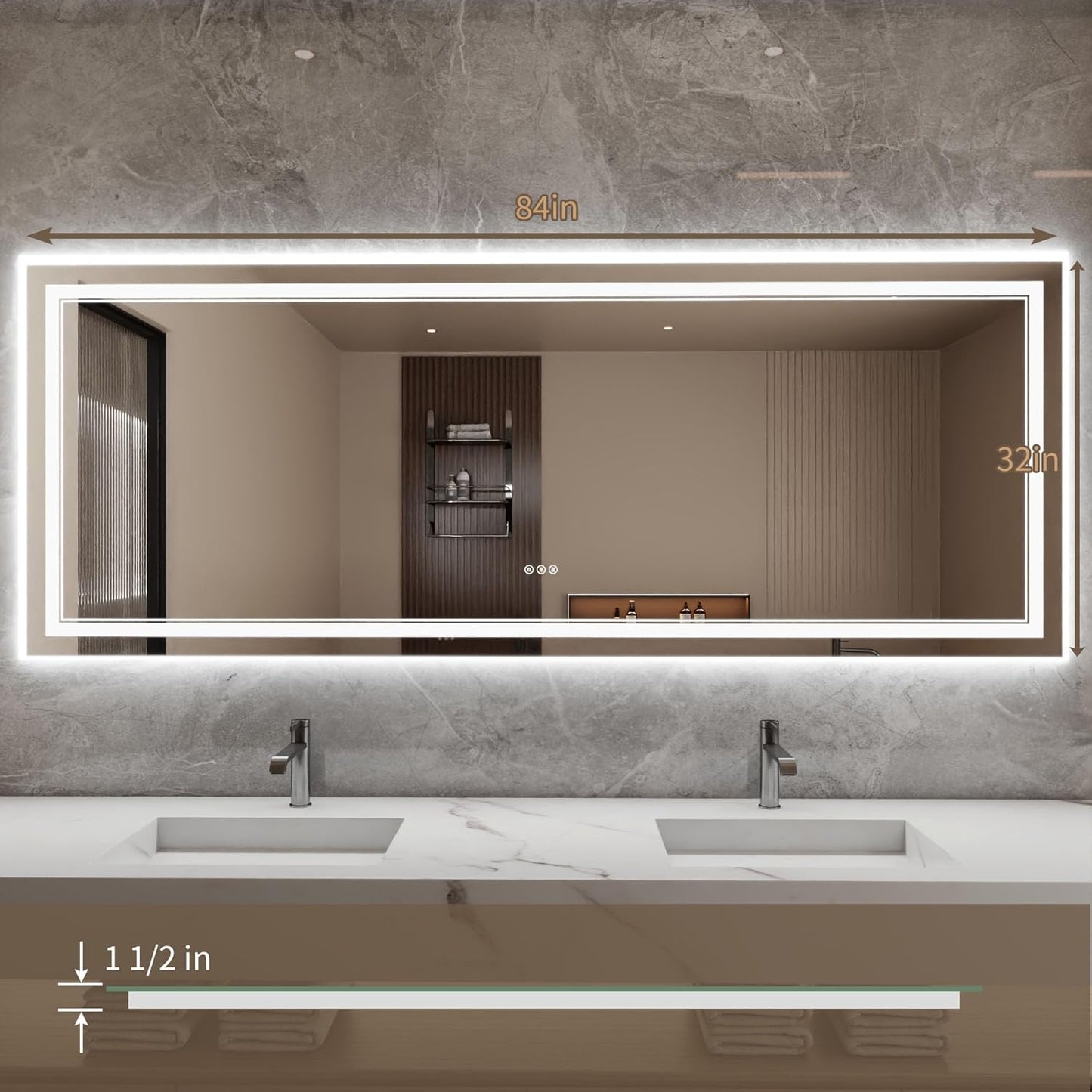 Bathroom Mirror with Lights 32"X84" with Front Light and Backlit, Tempered Glass, Wall Mount Horizontal/Vertical, Stepless Dimmable, 3 Colors, Anti Fog, Bathroom Memory LED Mirror
