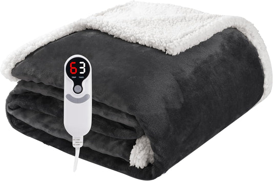 Electric Heated Blanket Throw Size 50"x60", Soft Flannel with Overheat Protection, 6 Adjustable Heat Settings & 3-Hour Auto-Off Timer, Fast Heating for Winter Comfort, Dark Gray