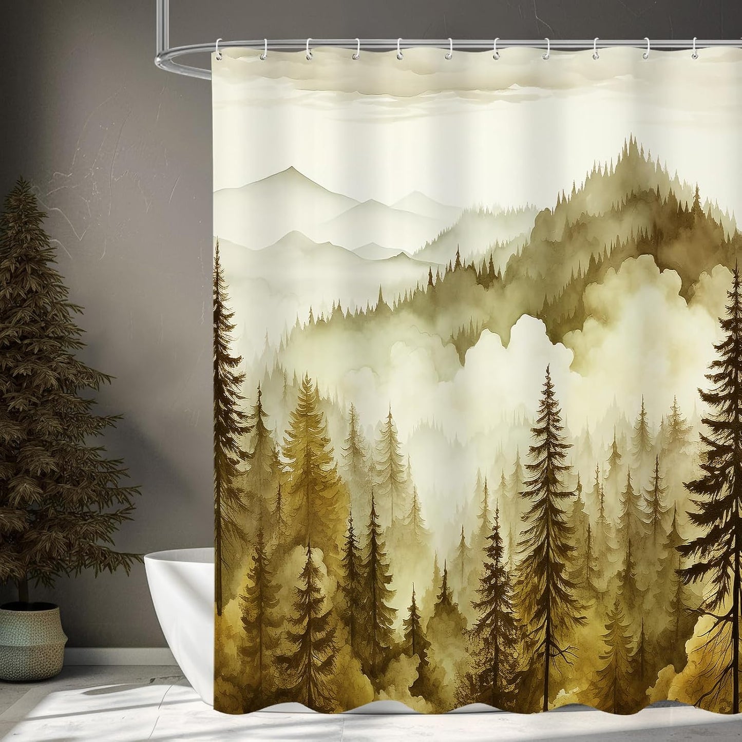 Yellow Extra Long Misty Pine Forest Shower Curtain 72 x 84, XL Mountain Foggy Woodland Scenery Tree Shower Curtains for Bathroom, Abstract Waterproof Nature-Themed Decor