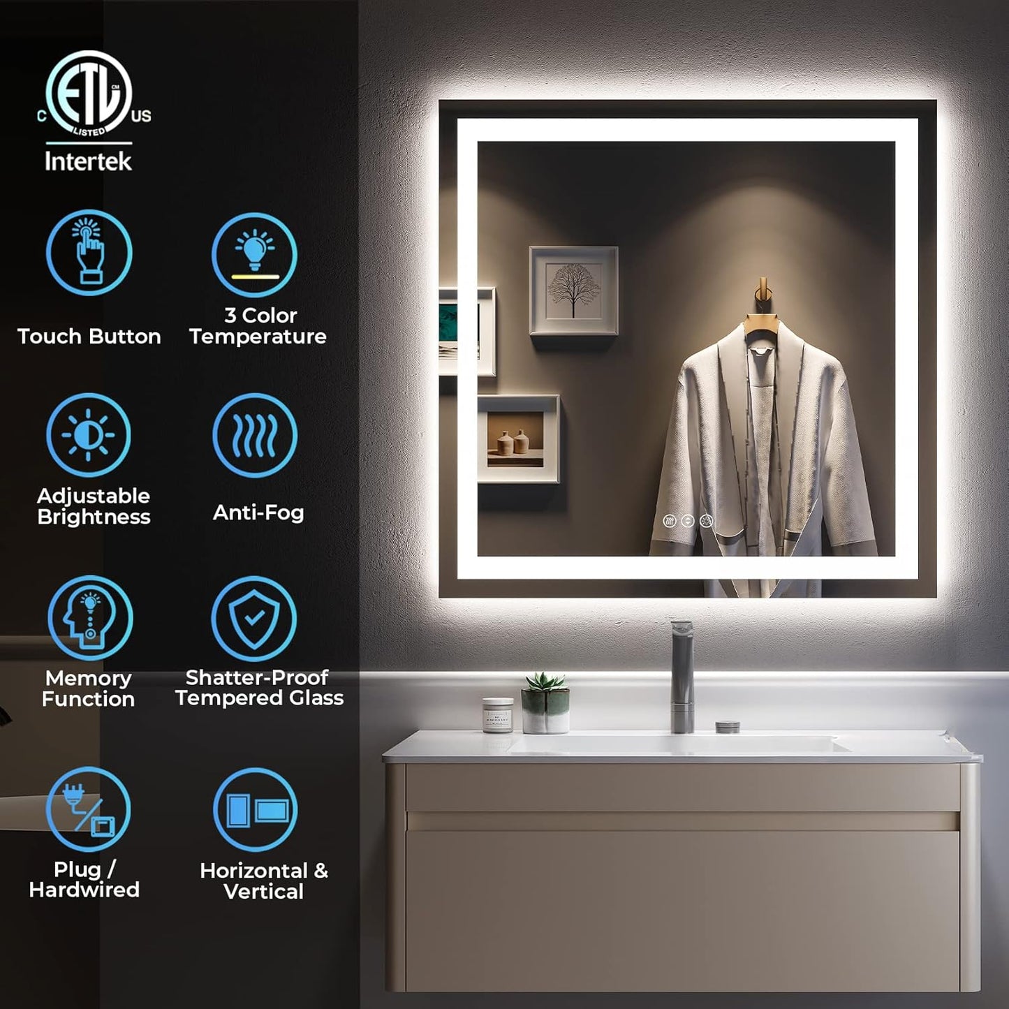 36x36 Inch LED Bathroom Mirror with Lights Front and Backlit Lighted Vanity Mirror for Bathroom Wall with 3 Colors Dimmable Anti-Fog Memory Shatter-Proof IP54 Waterproof Horizontal/Vertical