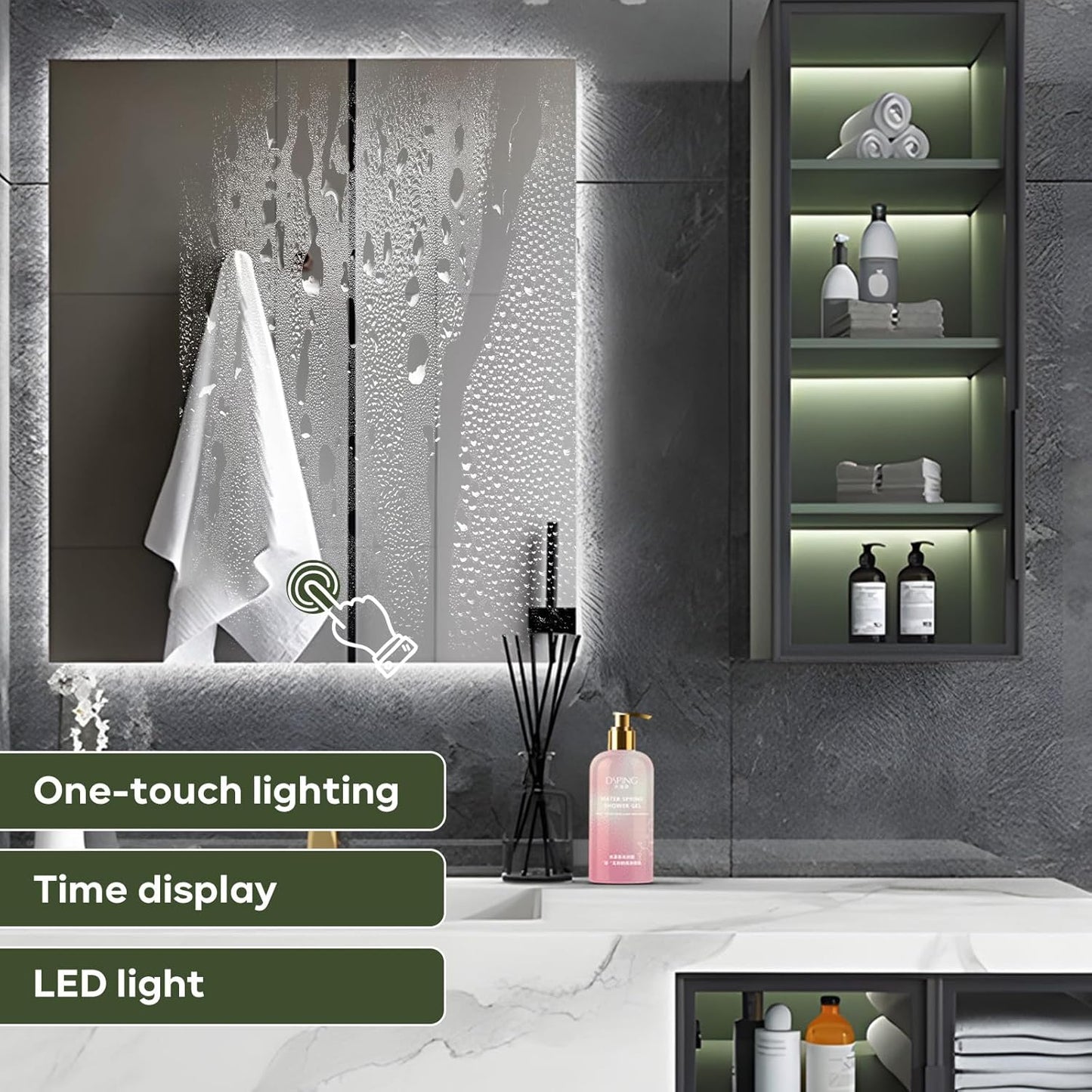 Floating Vanity for Bathroom, 64" Green Bathroom Vanity Set with LED Defog Mirror and Side Medicine Cabinet, Wall Mount Bathroom Storage Cabinet with Glass Door, Single Sink Bath Vanities - Green