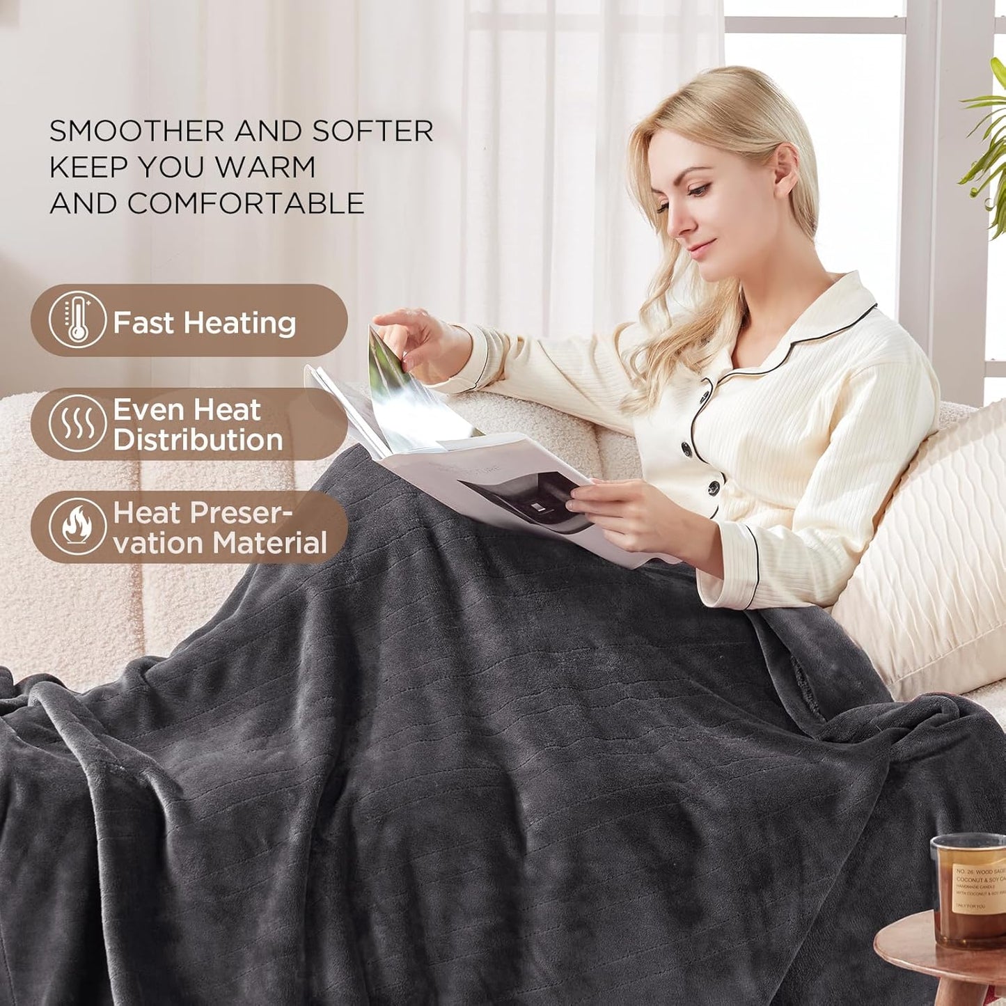Westinghouse Heated Blanket Throw, Electric Throw with 6 Heating Levels, 2-10 Hours Time Settings, Overheat Protection, Machine Washable, Flannel (Throw, 50x60 Inches, Charcoal)