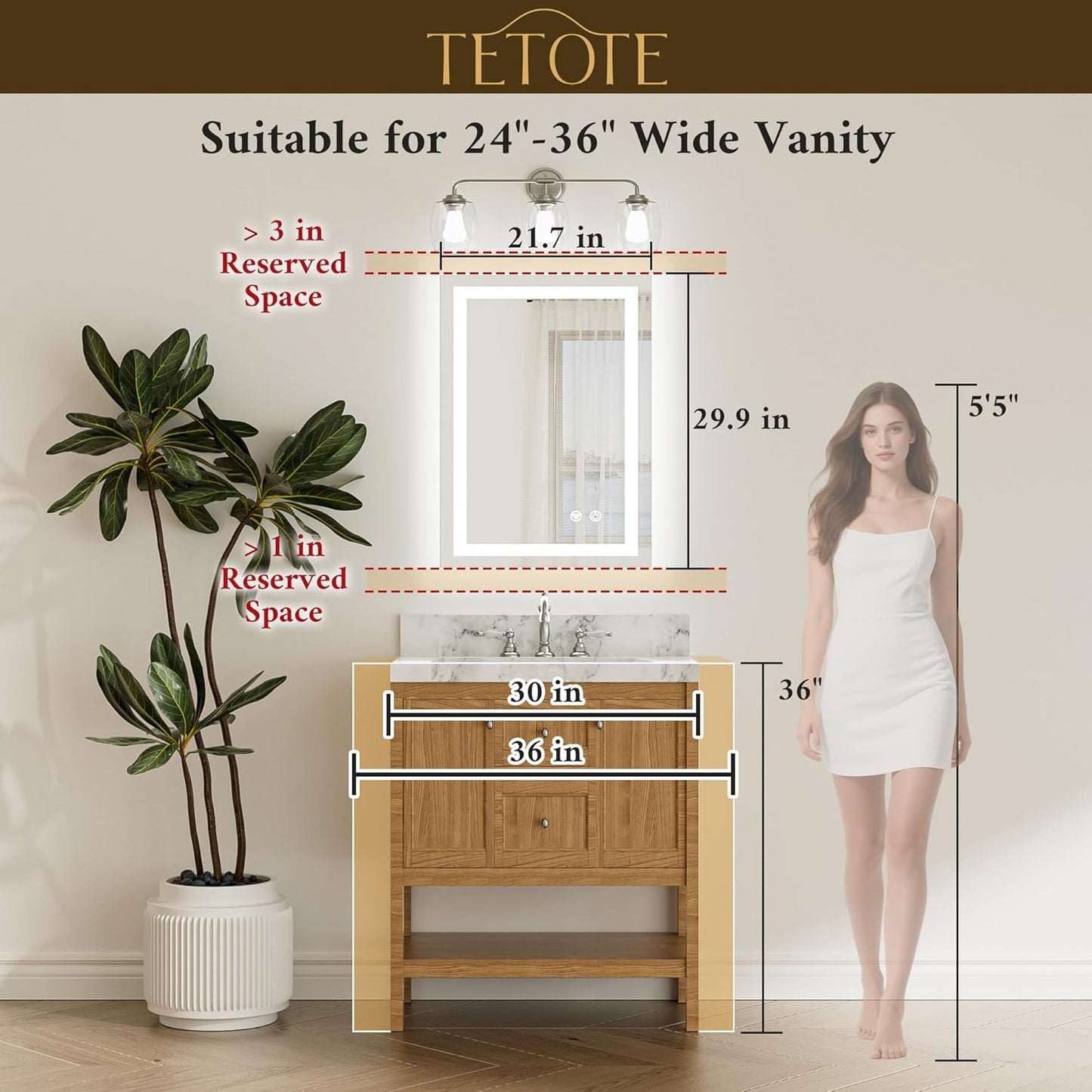 TETOTE LED Bathroom Mirror 22 x 30 Inch Lighted Bathroom Vanity Mirror with Lights, Brighter Frontlit and Backlit Light up Anti Fog Mirror, 3-Color Dimmable, Shatterproof Tempered Glass, Waterproof