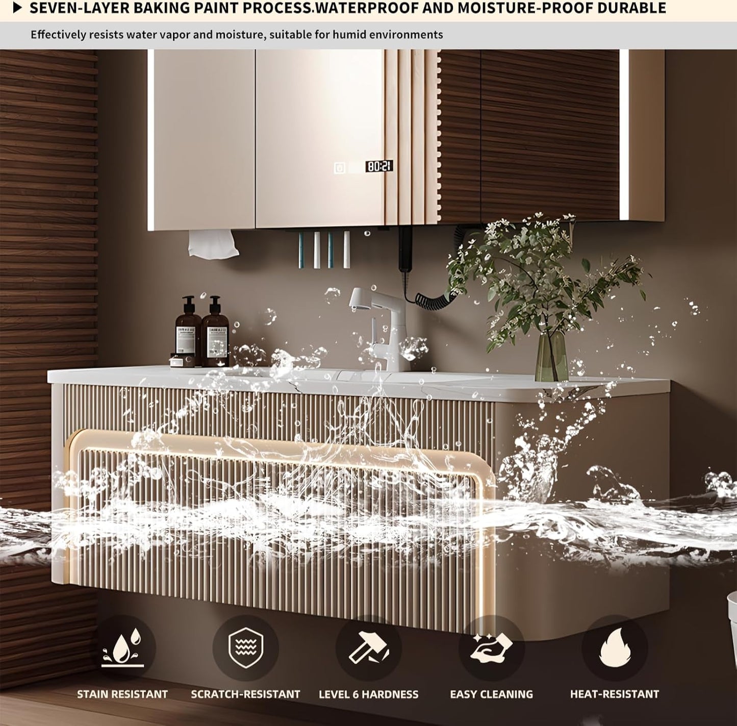 36” Bathroom Vanity Set, Floating Bathroom Vanities with Single Sink, Smart Defog Mirror Cabinet and LED Strip Light, Oak Wood Elegant Bathroom Cabinet with Storage Space (Milk Coffee)