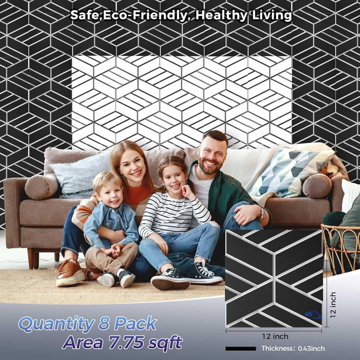 8 Pack 2-Layer Soundproof Wall Panels, 12 x 12 x 0.43 in Sound Proof Foam Panels for Walls, 1.1lb/ft³ High Density, Thicker 0.43 in, 3D Acoustic Panels,Artistic Noise Dampening Panels Black&White