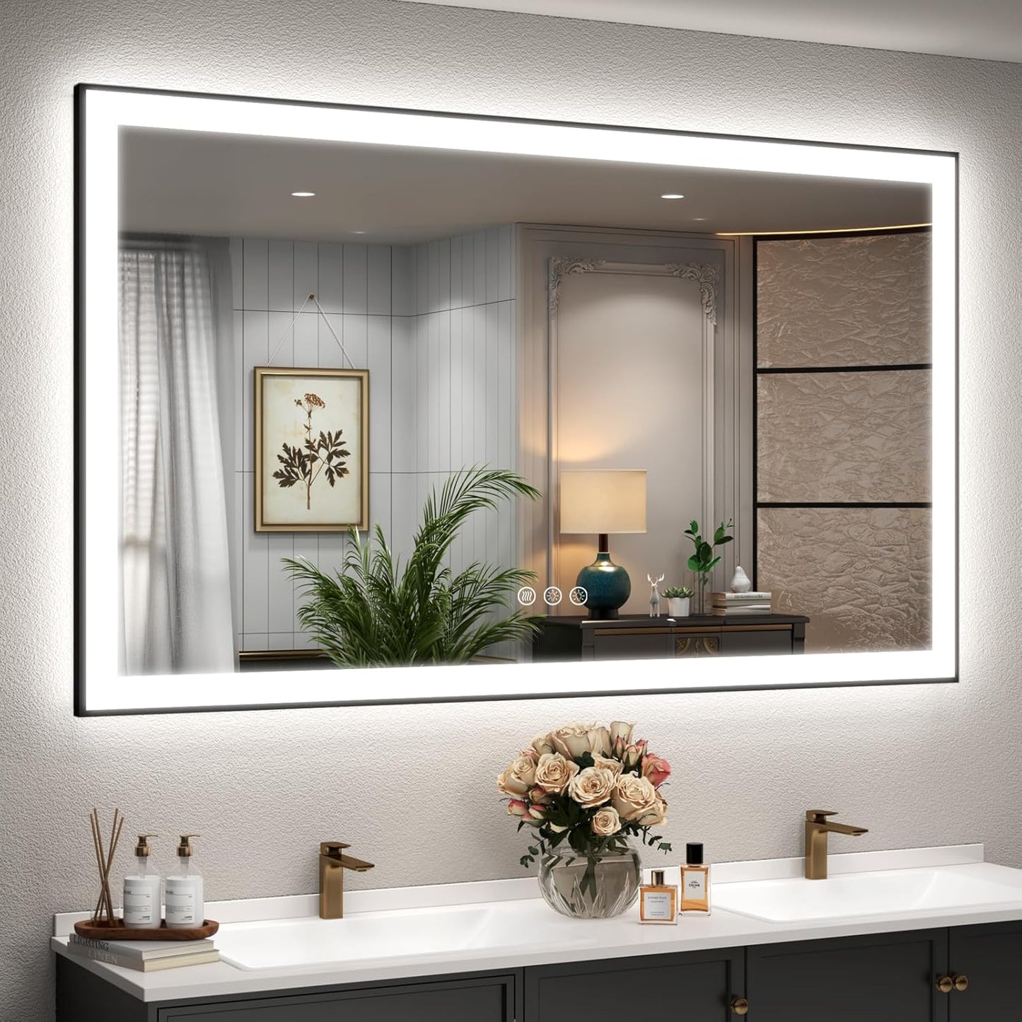 SMIROR 55x30 LED Bathroom Mirror with Black Frame Wall Mounted, Illuminated Vanity Mirrors with Lights, Dimmable, Anti-Fog, Memory, Shatterproof, ETL Listed (Front Lighted and Backlit)