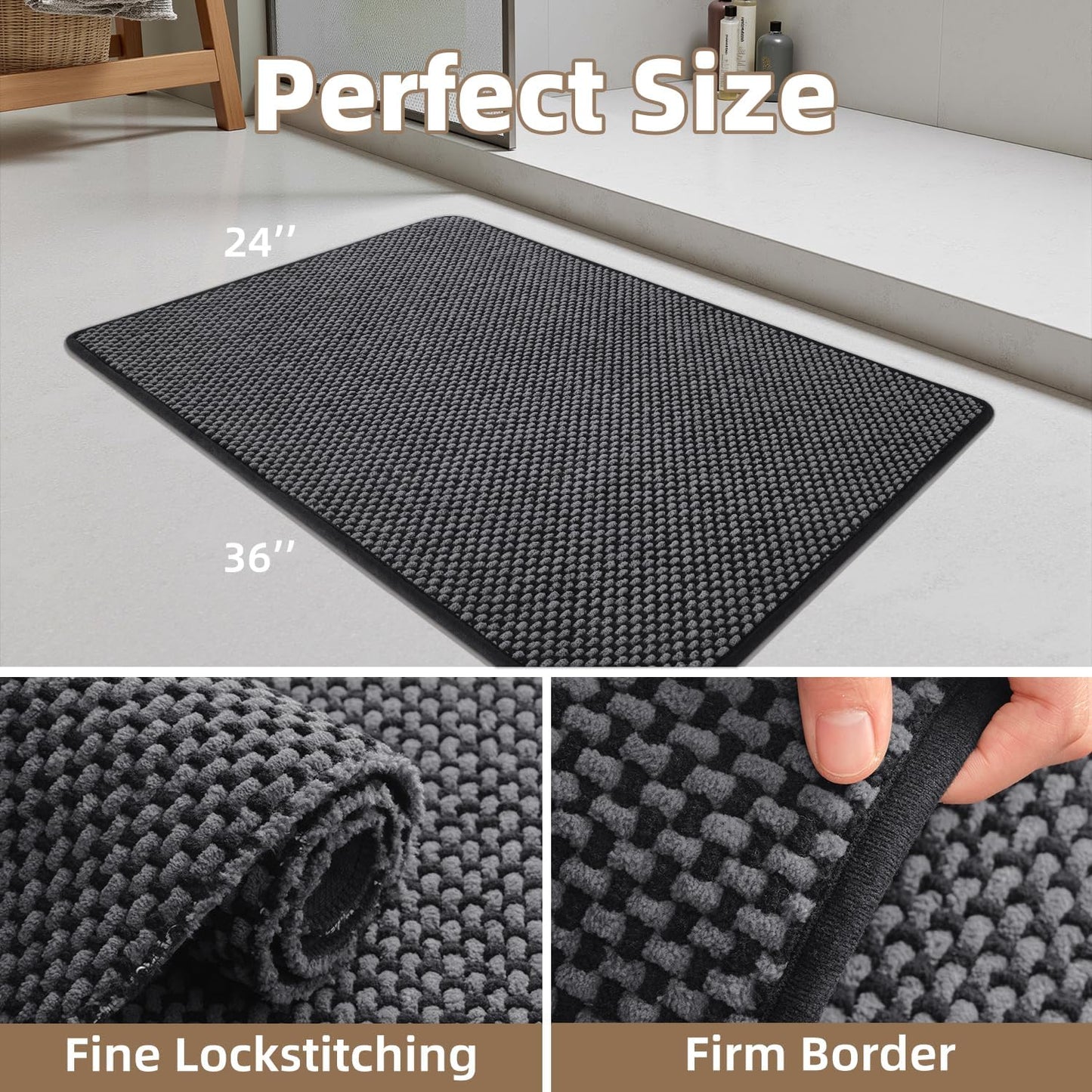 PADOOR-Bath Mat-Super Absorbent Chenille Bathroom Mats-Rubber Backed Bath Mats for Bathroom Non Slip, Easy Clean Bathroom Rugs Front of Bathtub,Shower Room,Sink-24×36, Darkgrey&Black