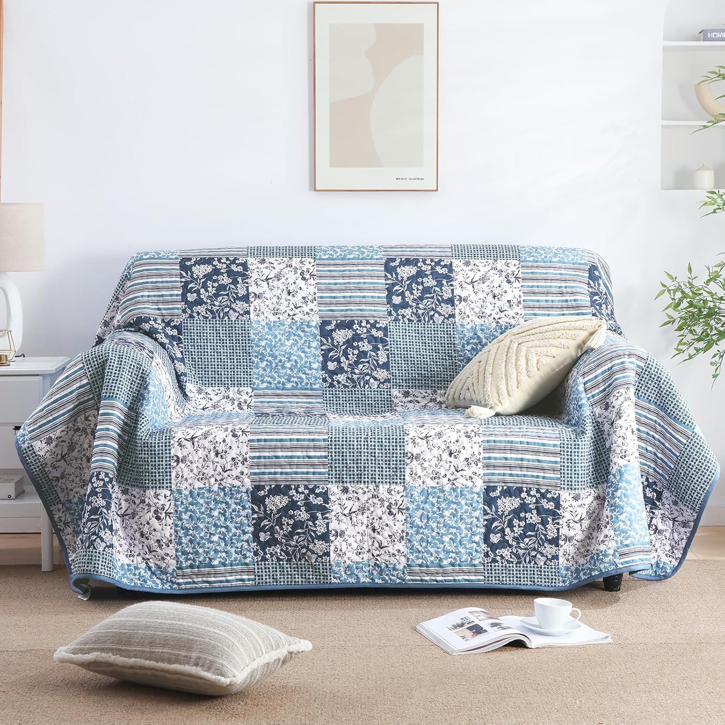 Mybedsoul Navy Blue Quilt Set Queen Size, 3 Pieces Plaid Floral Bedspread Set Patchwork Reversible Bedding Set Microfiber Lightweight Bedspread Coverlet Set for All Season 96"x90"