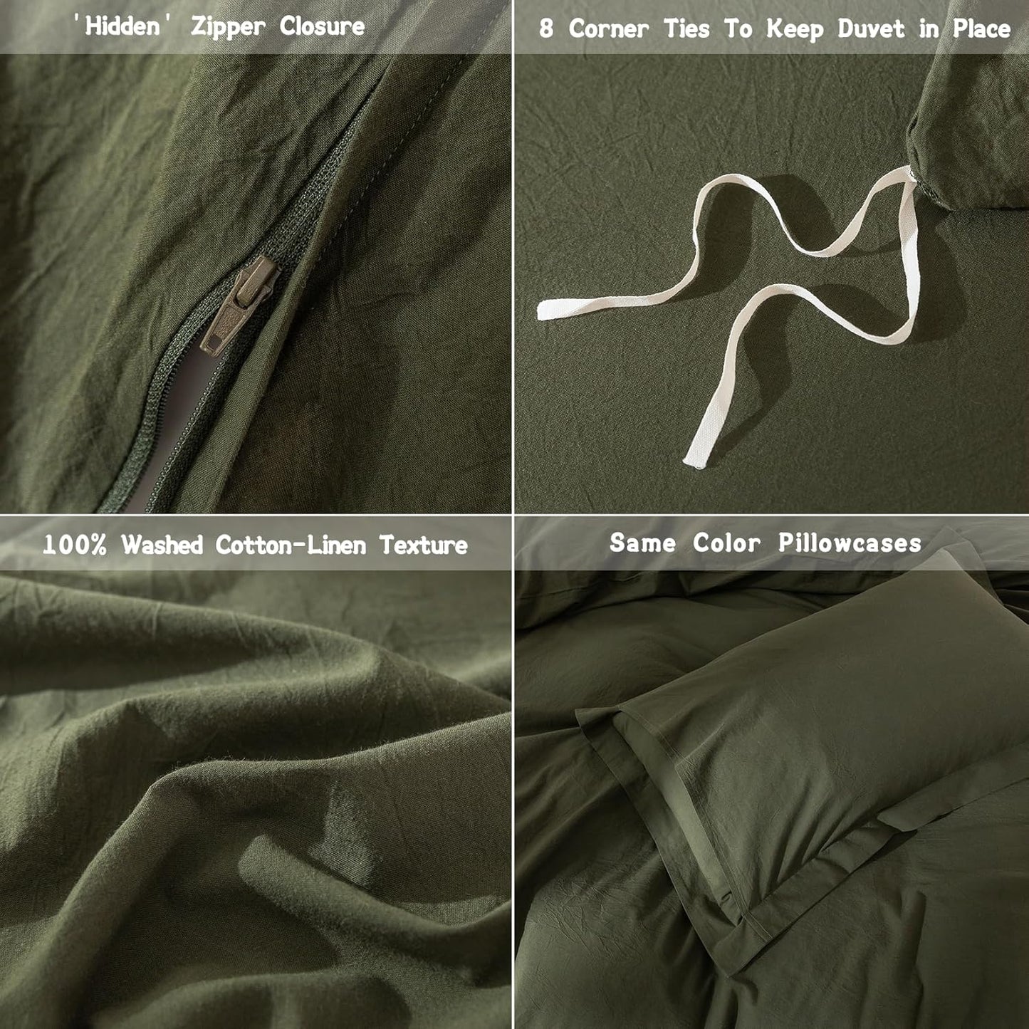 Olive Green Duvet Cover California King Size, 100% Washed Cotton Bedding Set Cover 1 Duvet Cover 104inch x 98inch with Zipper Closure and 2 Pillowcases, Olive Green