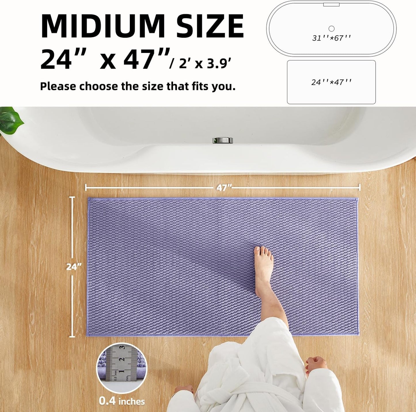 Bathroom Rugs Non Slip Washable, Super Absorbent Thin Bath Mat Quick Dry Low Pile Bathroom Rug, Lavender 24"x47"