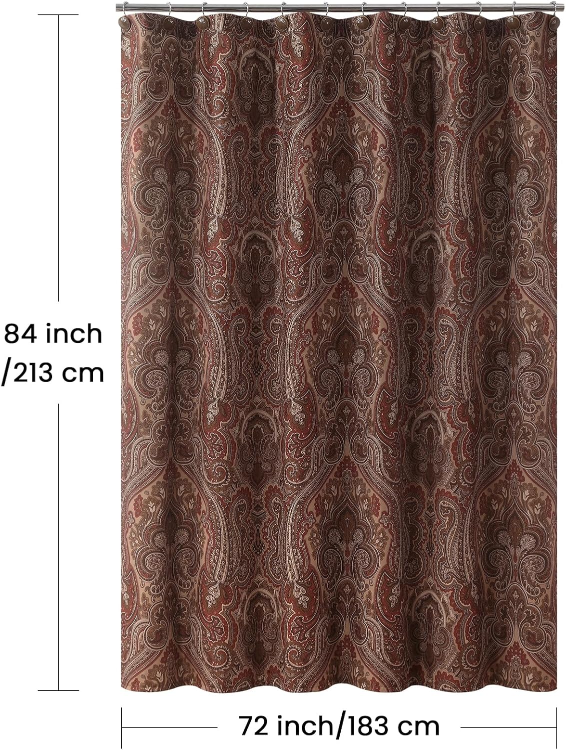 Extra Long Fabric Shower Curtain, Reddish Brown Damask Paisley Print Shower Curtains for Bathroom, 72" W x 84" H