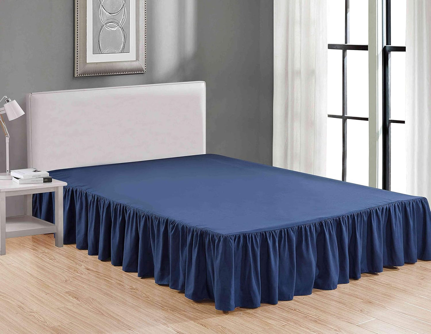 Sheets & Beyond Wrap Around Solid Microfiber Luxury Hotel Quality Fabric Bedroom Gathered Ruffled Bedding Bed Skirt 14 Inch Drop (Full, Navy)