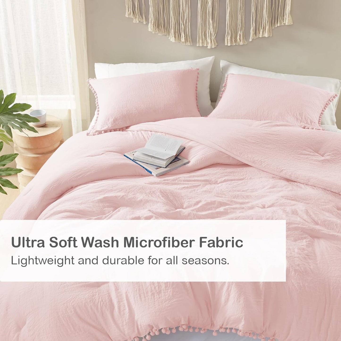 Codi Blush Full/Queen Comforter Set - Boho Aesthetic Bedding with Luxurious Pom Fringe, Soft Washed Microfiber 3pc Set for Adults, Couple-Friendly Lightweight Design, 1 Comforter & 2 Pillow Shams
