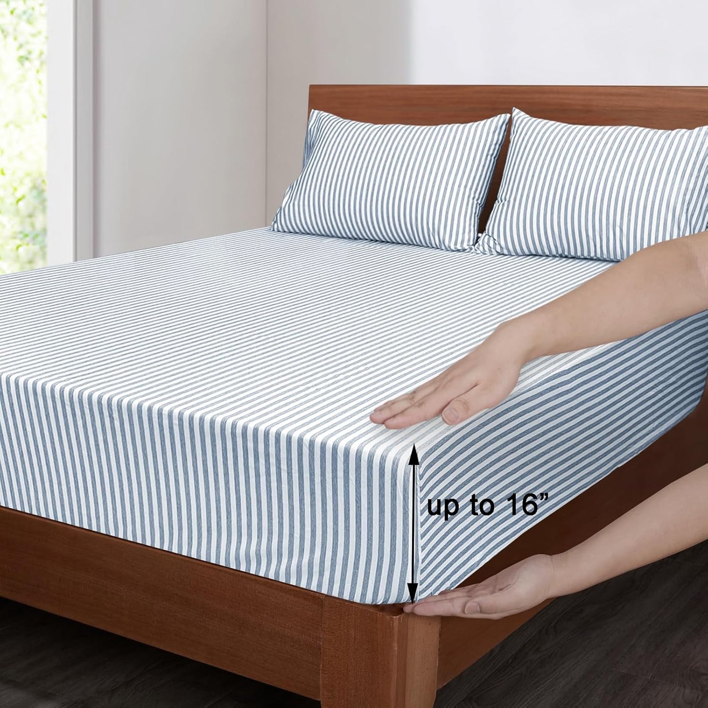 Mejoroom Striped Full Size Sheets - 1800TC Luxury Full Sheets with 16 Inch Deep Pocket - Premium Bedding Collection - Extra Soft, Breathable, Wrinkle, Fade & Stain Resistant - 4 Piece (Blue Stripe)