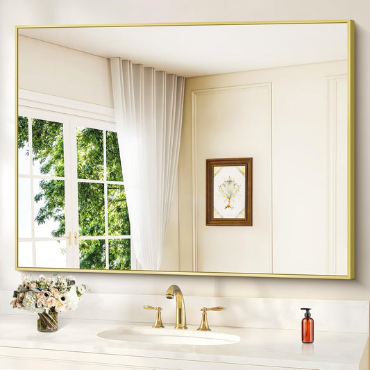 Gold Bathroom Mirror for Wall, 30x48 Inch Rectangle Mirrors with Metal Frame, Modern Vanity Wall Mirror Decor for Bathroom Living Room, Entryway Hangs Horizontal or Vertical