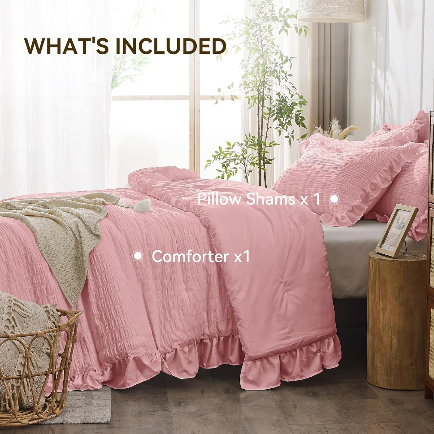 JOLLYVOGUE Pink Twin Size Comforter Set, 2 Pieces Seersucker Lightweight Fluffy Bedding Set, Twin Ruffle Comforter, All Season Soft Microfiber Shabby Chic Bed Set