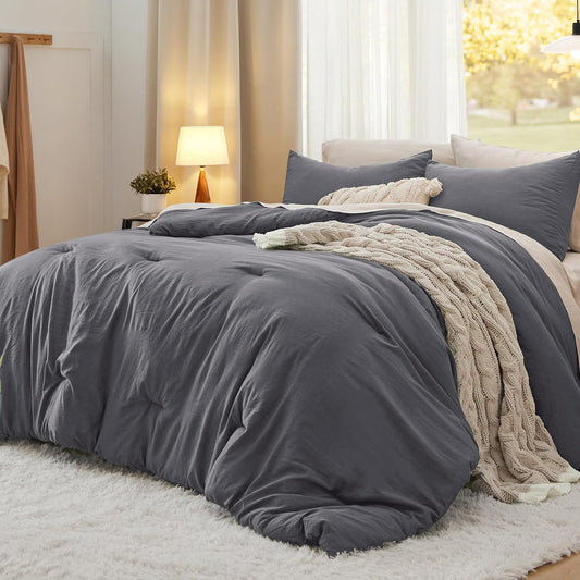Bedsure California King Size Comforter Set, Dark Grey Soft Prewashed Bedding for All Seasons, 3 Pieces GentleSoft™ Bed Set, 1 Lightweight Comforter (104"x96") and 2 Pillowcases (20"x36")