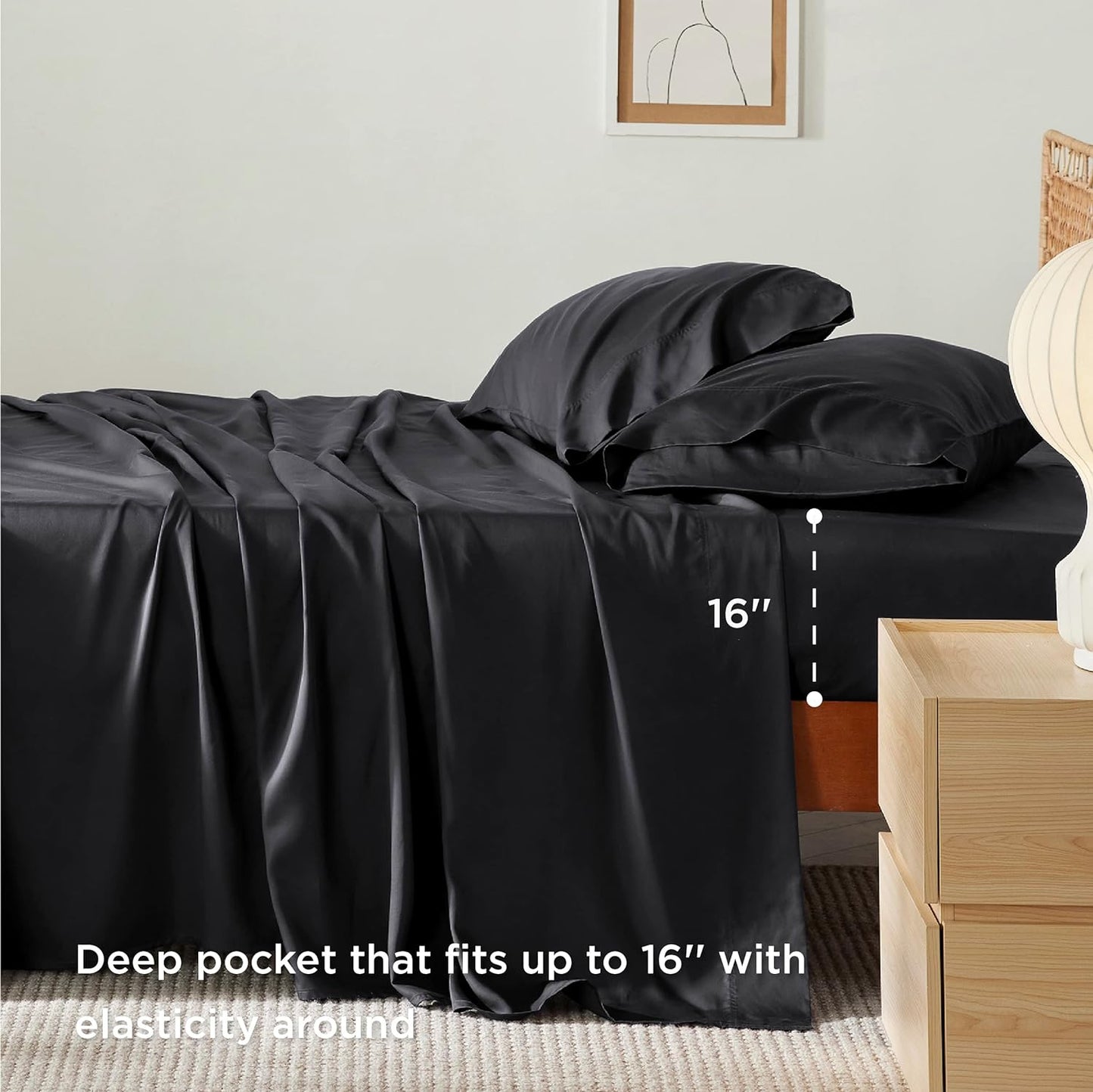 Bedsure King Size Sheet Set, Cooling Sheets King, Rayon Derived from Bamboo, Deep Pocket Up to 16", Breathable & Soft Bed Sheets, Hotel Luxury Silky Bedding Sheets & Pillowcases, Black