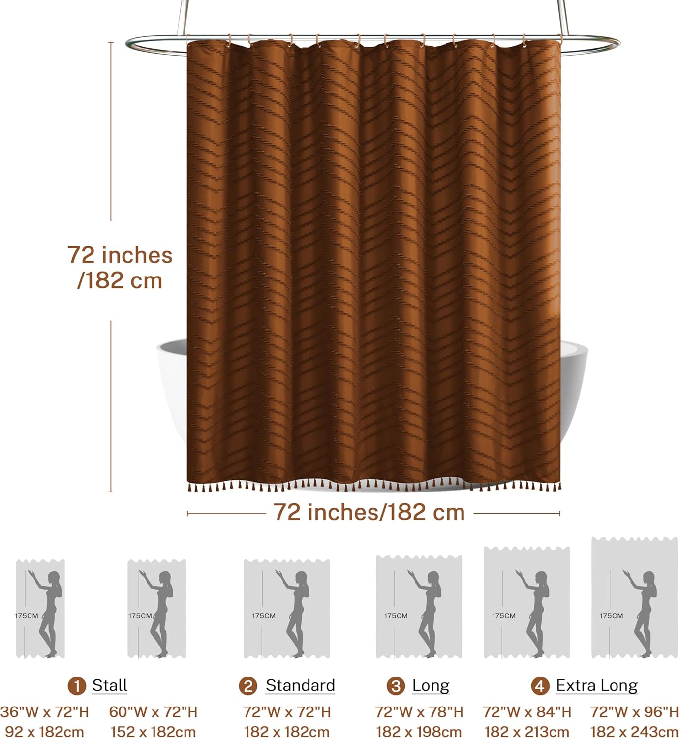 Boho Shower Curtain with Tassel Woven Fabric Pumpkin Orange Shower Curtain 72 x 72 Modern Farmhouse Textured Tufted Chevron Striped Minimalist Bathroom Shower Curtain