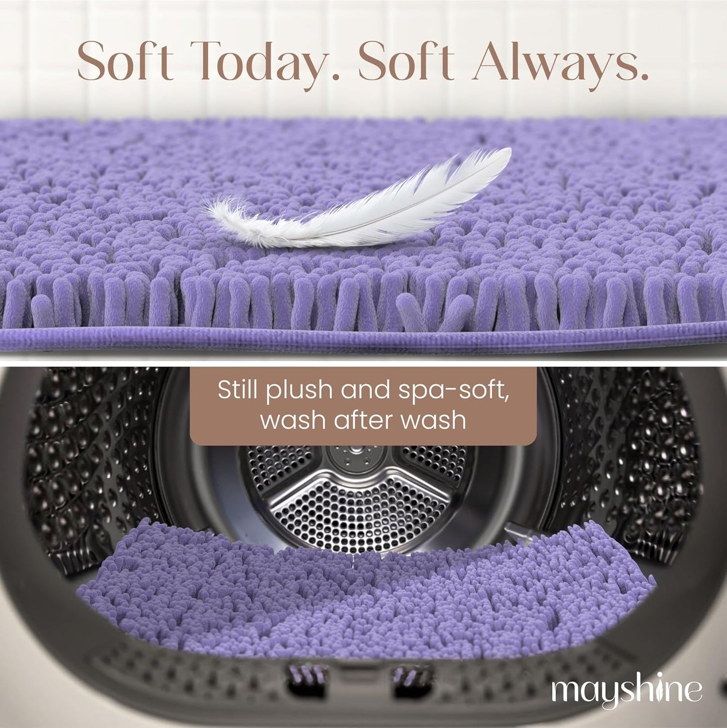 MAYSHINE Plush Shaggy Chenille Bath Mat | Extra Soft, Super Absorbent, Non-Slip Bathroom Rug | Fluffy Microfiber, Area Rug Sets for Bathroom Floor, Kitchen, Living Room | 47"x27" | Lavender