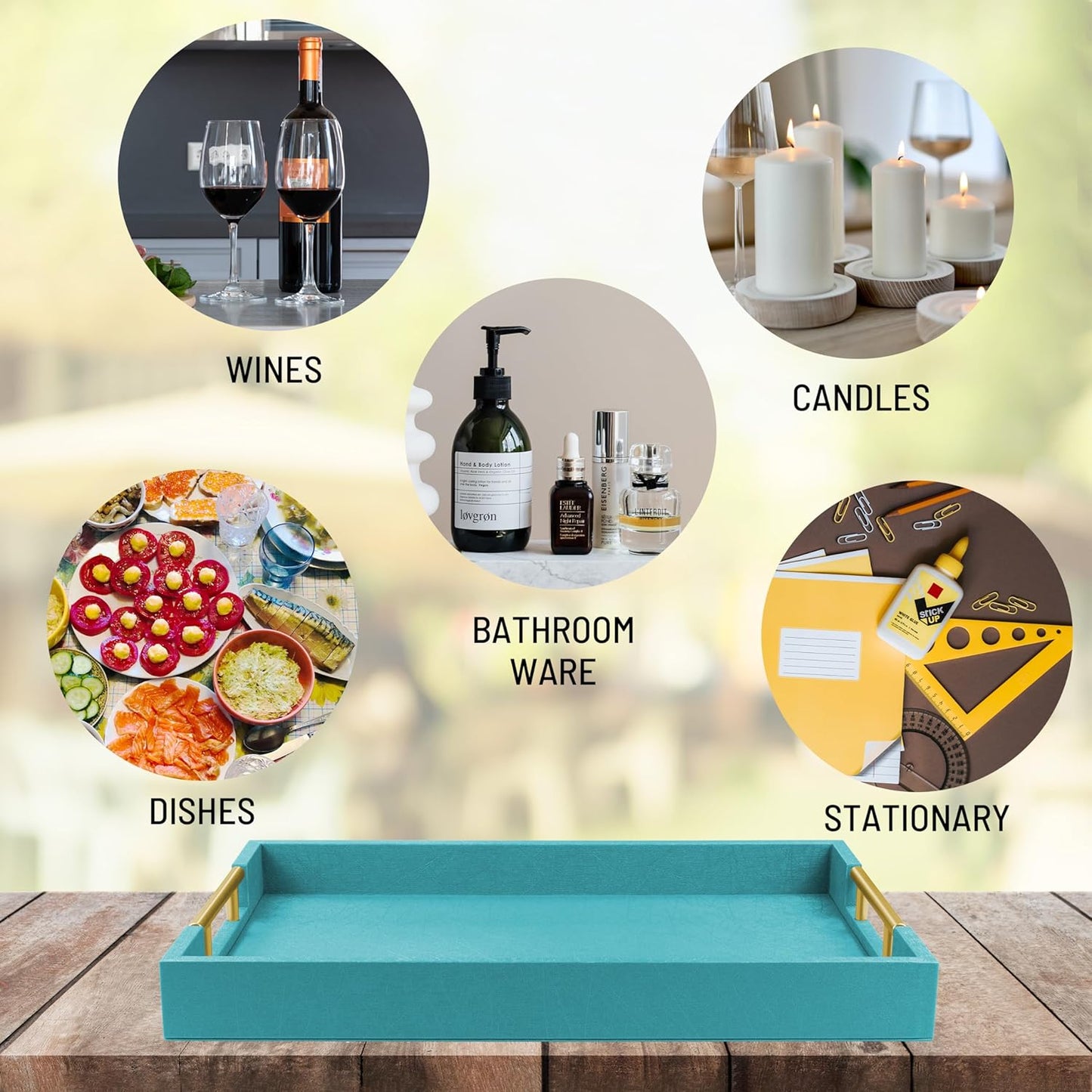 17" x 12" Wood Serving Tray with Gold Polished Metal Handles, Home Decorative Wooden Rectangle Ottoman Leather Decor Platter Bathroom Vanity Tray for All Occasions Blue