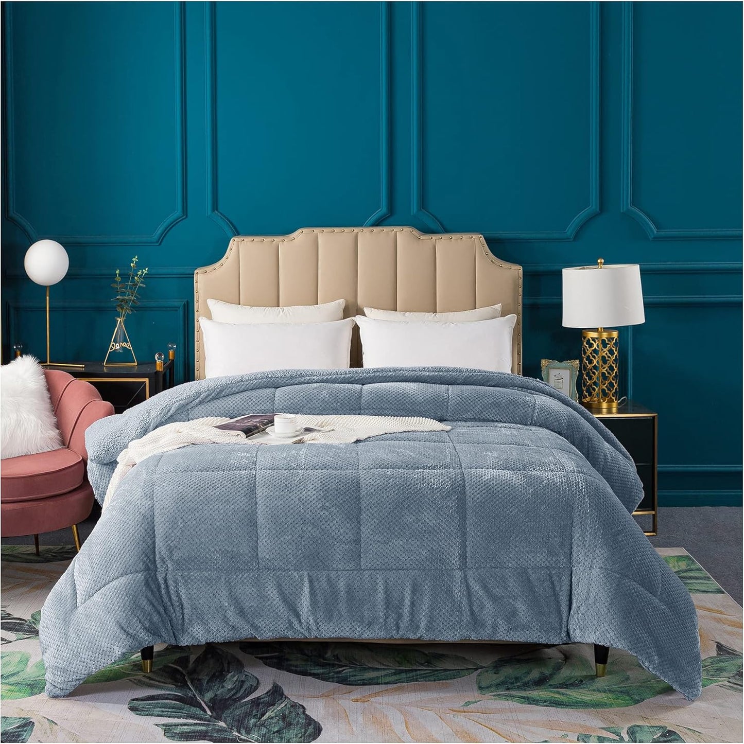 KASENTEX Super Ultra Soft Luxury Plush Sherpa Comforter, Cozy Reversible Faux Fur Machine Washable Bedding, Grey Blue, King Size