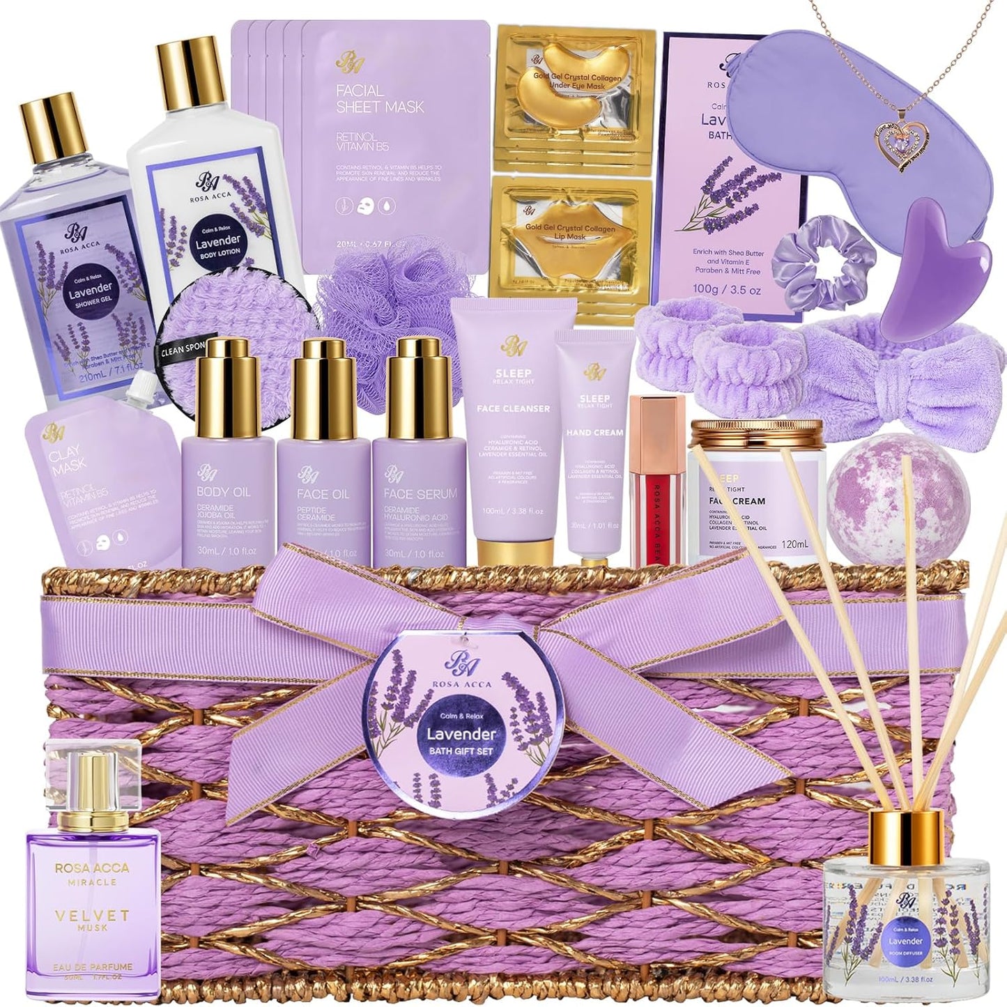 35 Pcs Christmas Gifts for Women, Lavender Bath and Body Gift Basket, Facial Skin Care Set, Spa Kit, Self-Care Set, Face Sheet Mask, Necklace, Birthday Present, Valentines, Mother Day, Bridal Shower
