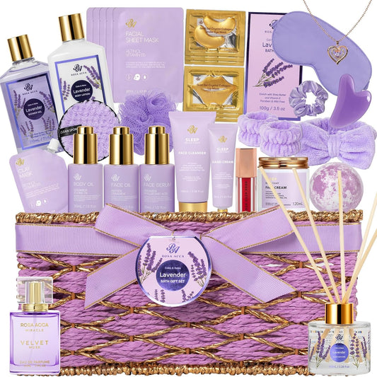 35 Pcs Christmas Gifts for Women, Lavender Bath and Body Gift Basket, Facial Skin Care Set, Spa Kit, Self-Care Set, Face Sheet Mask, Necklace, Birthday Present, Valentines, Mother Day, Bridal Shower