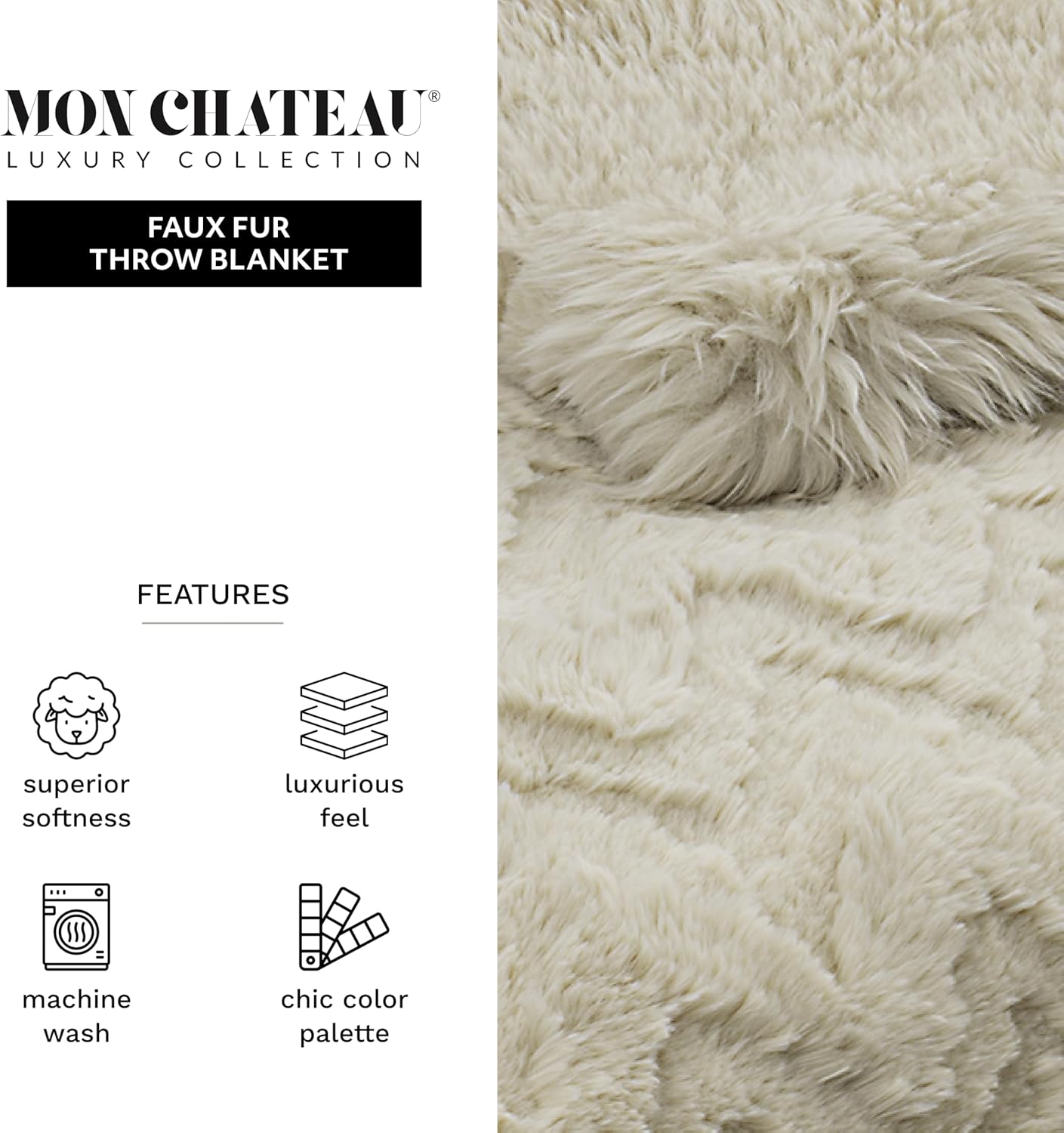Mon Chateau 60" x 70" Crest Faux Fur Throw, Plush Luxury Blanket for Couch, Sofa, or Bed, Soft Reversible Throw Blanket for Sleeping, Home & Room Decor, Sandstone Jacquard