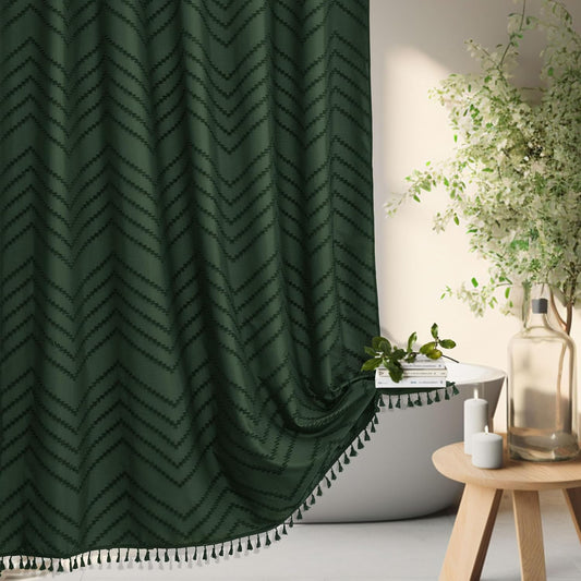 Extra Long Dark Green Boho Shower Curtain with Tassel, Woven Fabric 84 in Shower Curtain, Tufted Chevron Striped, 72 x 84, Modern Chic Textured Minimalist Bathroom Shower