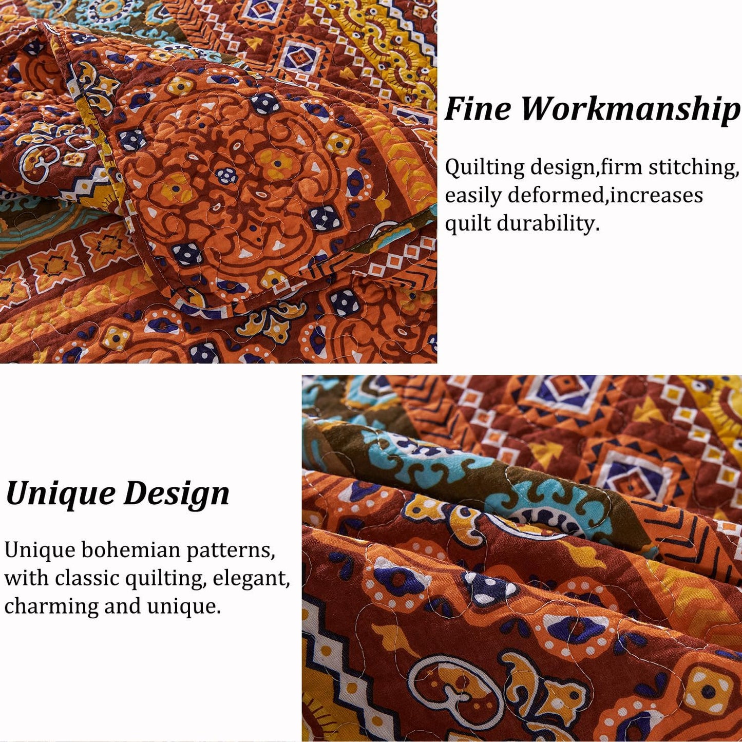 Cmfshape Orange Quilt Sets Bedspread Set 100% Cotton Boho Bedding Set, All Season Use Lightweight Reversible Coverlet Quilts with 2 Pillow Shams(Queen 92"x96")