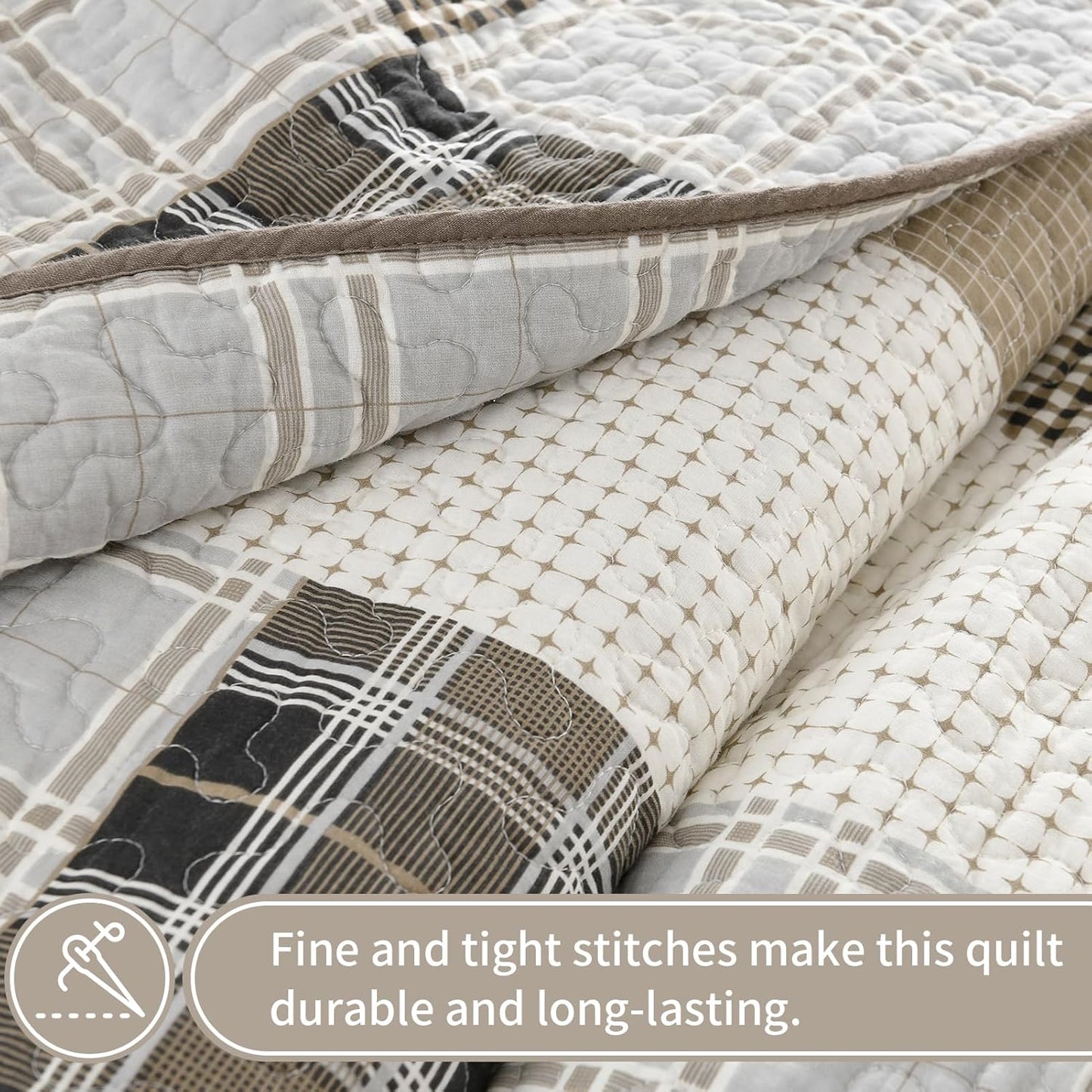 KALOOLA Plaid King Quilt Set, 100% Cotton Beige King Quilt Bedding Set, Farmhouse Reversible Quilted Bedspread Coverlet with 2 Pillow Shams, Lightweight Thin Comforter for All Season, 3 Pieces