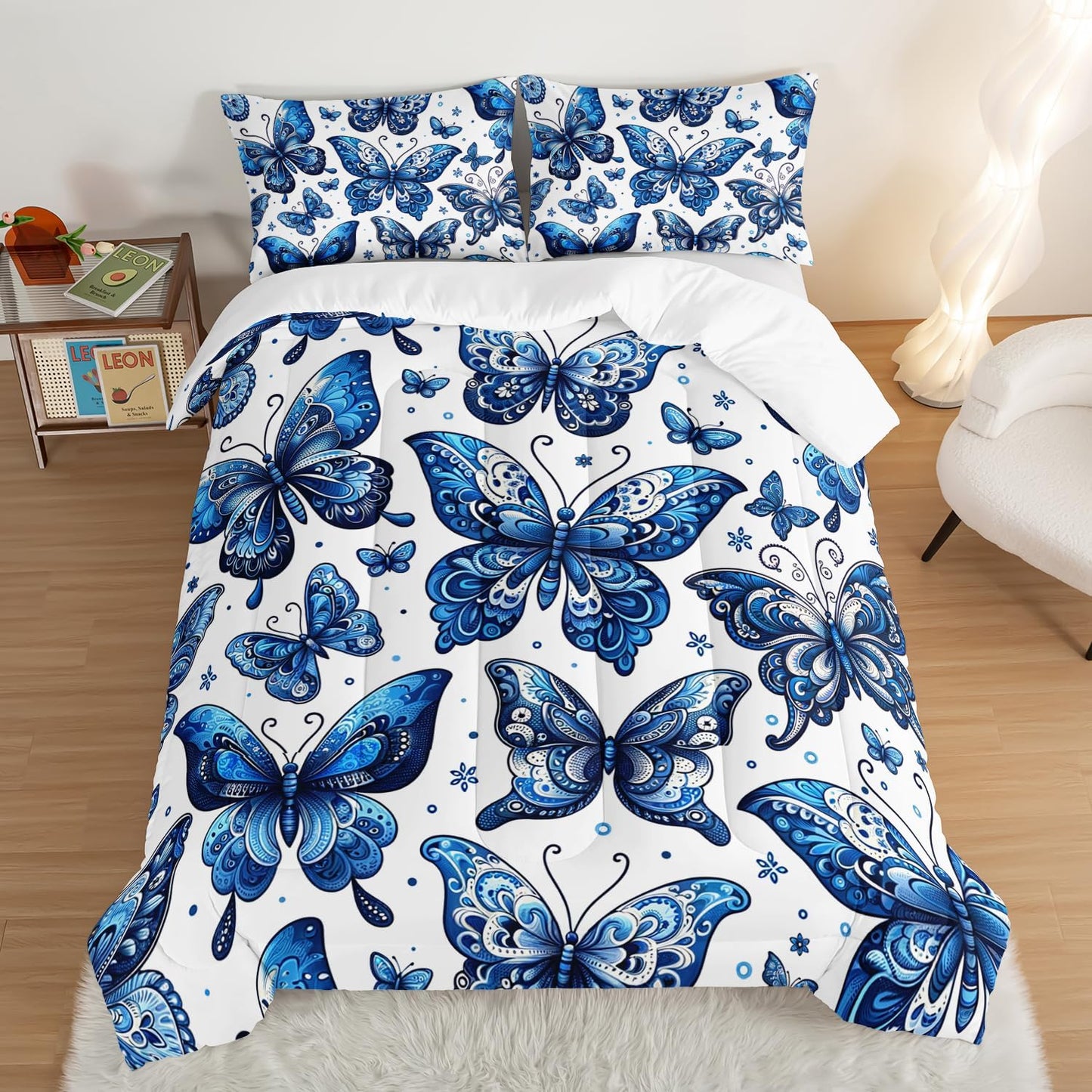 Blue Butterfly Comforter Bedding Set Queen Size,Bohemian Style Blue Series Bedding for Kids Girls Boys,Insect Themed Children's Bedding Soft Fluffy Comforter Sets with 2 Pillowcases.
