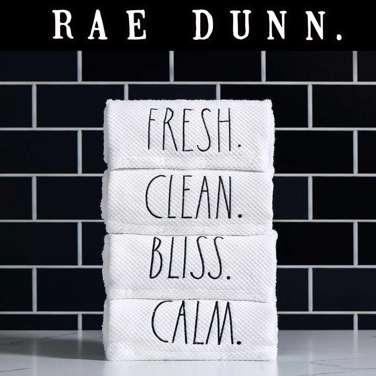 Rae Dunn Hand Towels, Embroidered Decorative Hand Towel for Kitchen and Bathroom, 100% Cotton, White- Fresh/Clean/Calm/Bliss, 16"x 28"