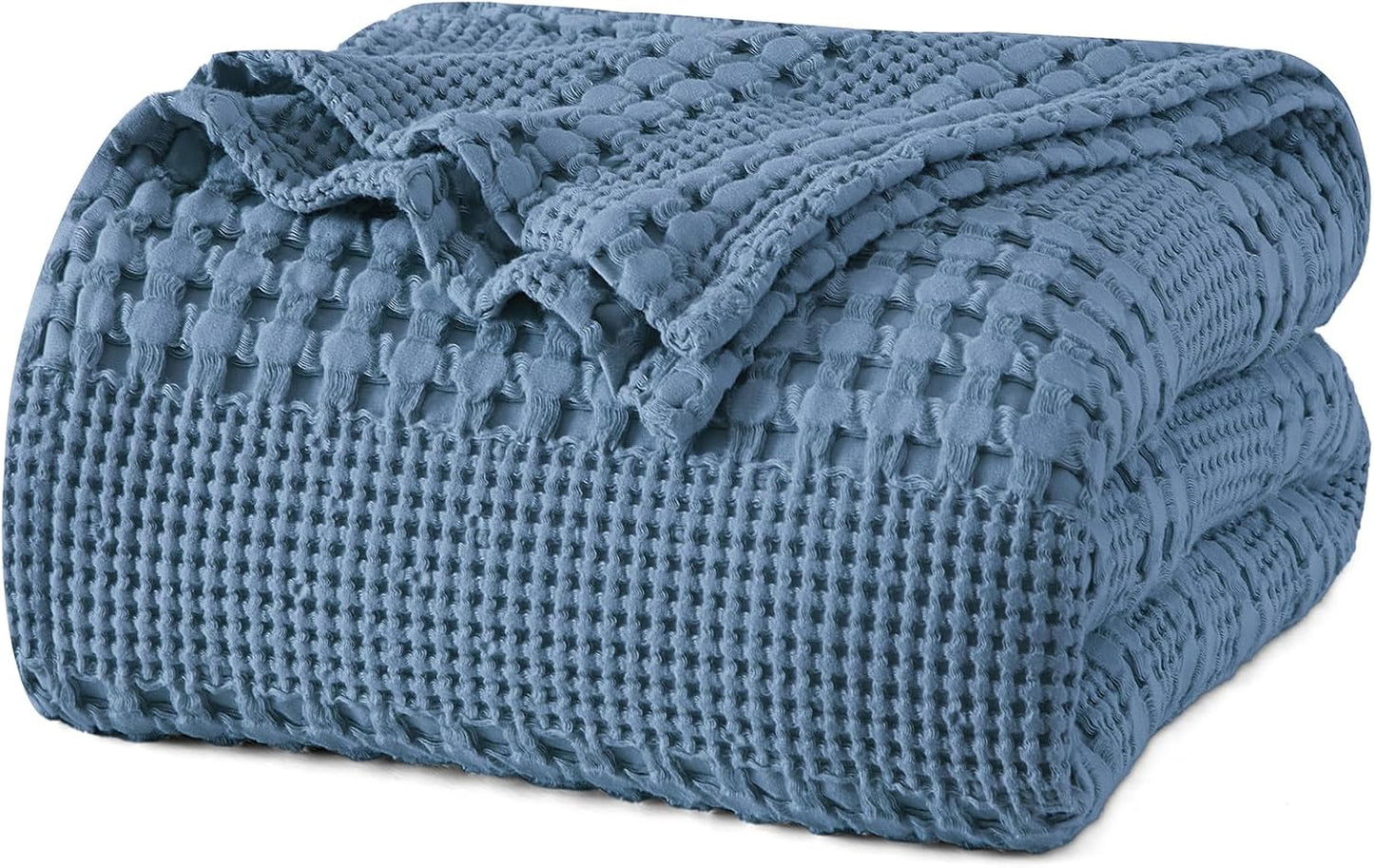 PHF 100% Cotton Waffle Weave Blanket Queen Size for Bed, Soft Lightweight & Breathable, All-Season Comfort, Luxury Aesthetic Woven Bedding for Home Decor, 90"x90", Denim Blue