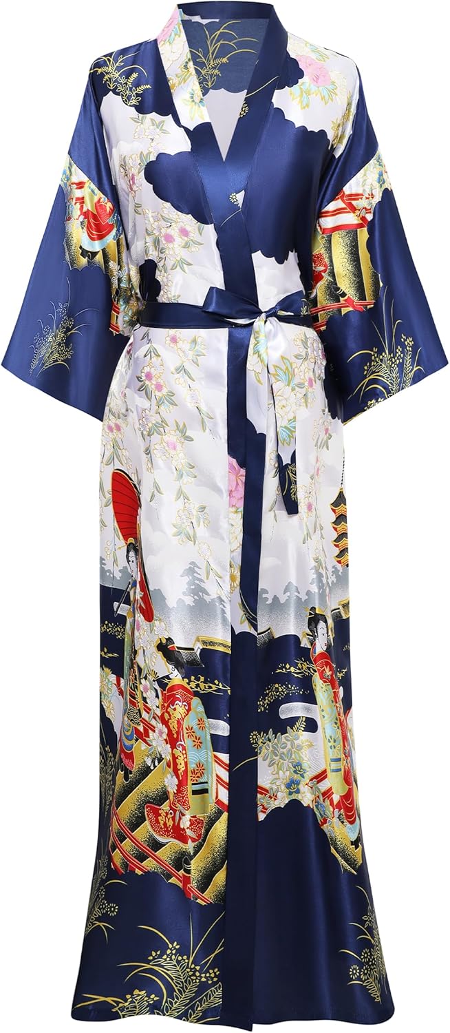 PRODESIGN Kimono Robe for Women - Long Satin Sleepwear Silky Kimono Cover-Up Nightgown Japanese Bathrobe Loungewear Blouse