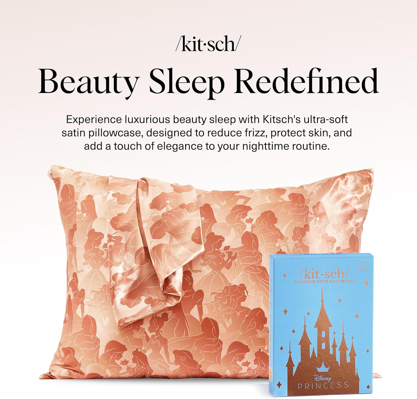 Kitsch & Disney Princess Satin Pillowcase with Zipper for Hair & Skin - Softer Than Silk Pillow Cases, Smooth Pillow Covers, Wrinkle-Free, Queen/Standard (19x26)