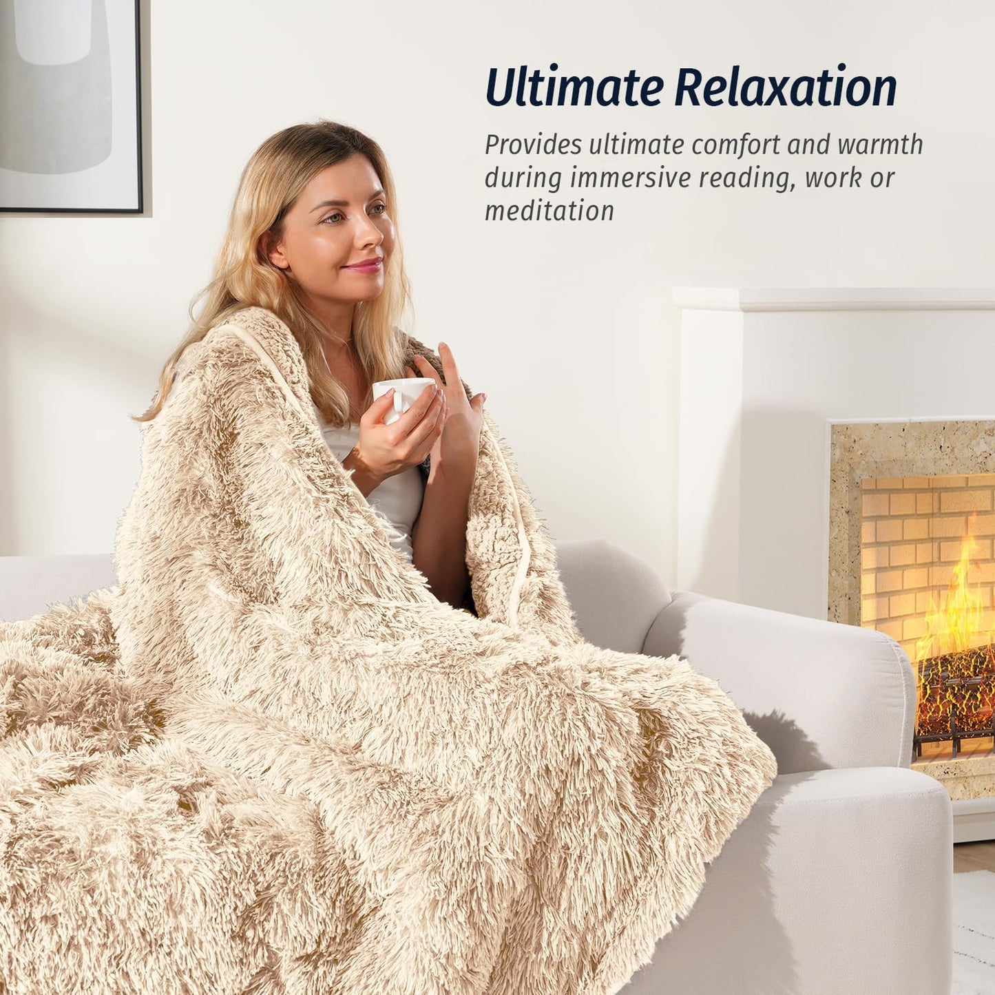 Wemore Shaggy Long Fur Faux Fur Weighted Blanket, Cozy and Plush Sherpa Long Hair Blanket for Adult 15lbs, Fluffy Fuzzy Sherpa Reverse Heavy Blanket for Bed, Couch, Khaki, 48 x 72 Inches