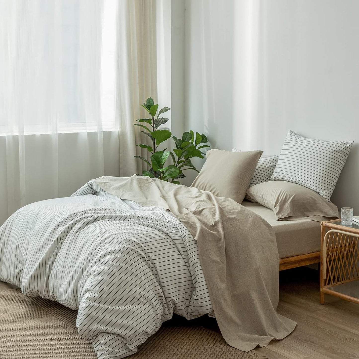 MooMee Bedding Sheet Set 100% Washed Cotton Linen Like Textured Breathable Durable Soft Comfy (Heathered Khaki, Queen)