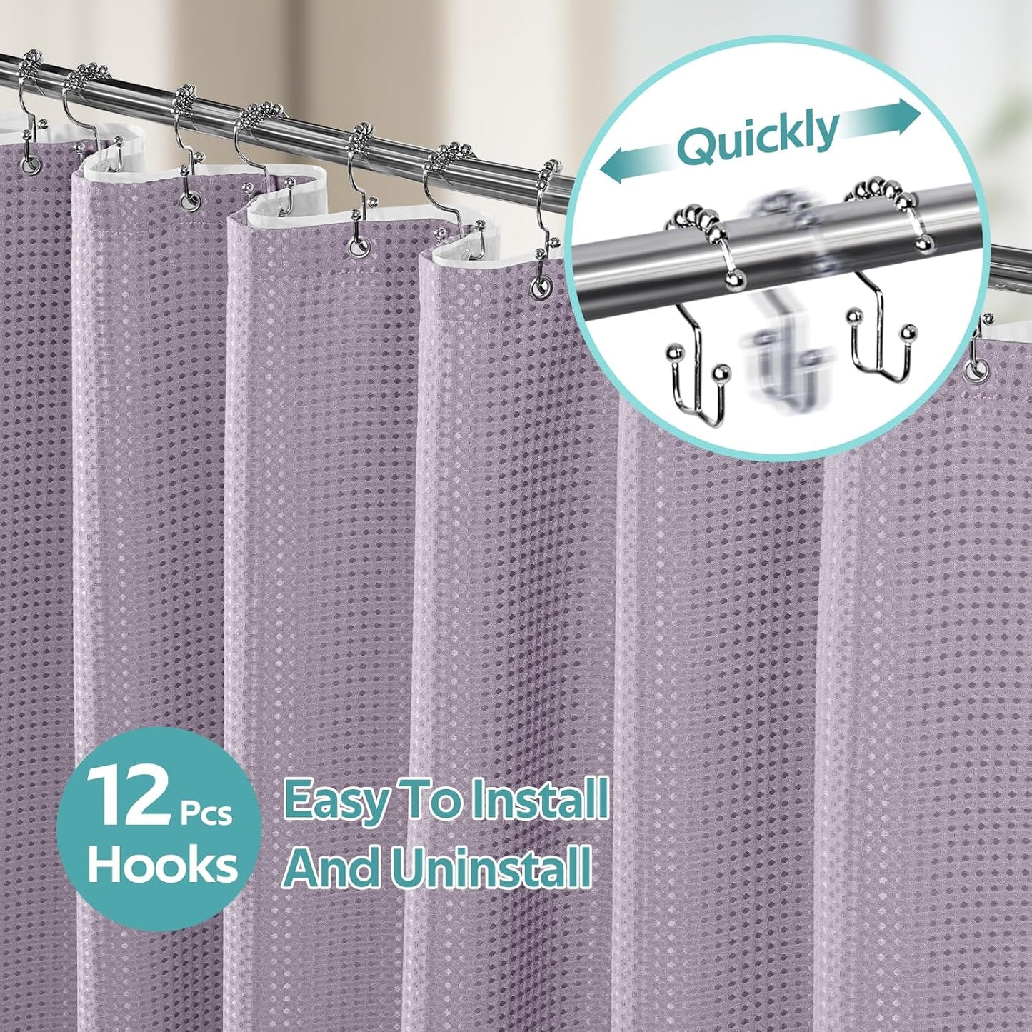 3 in 1 Shower Curtain Set, Waffle Shower Curtain and Liner Set with 12 Double Sided Shower Curtain Hooks, 258GSM Luxury Weighted Cloth Shower Curtains for Bathroom, 72 W x 72 H, Lavender