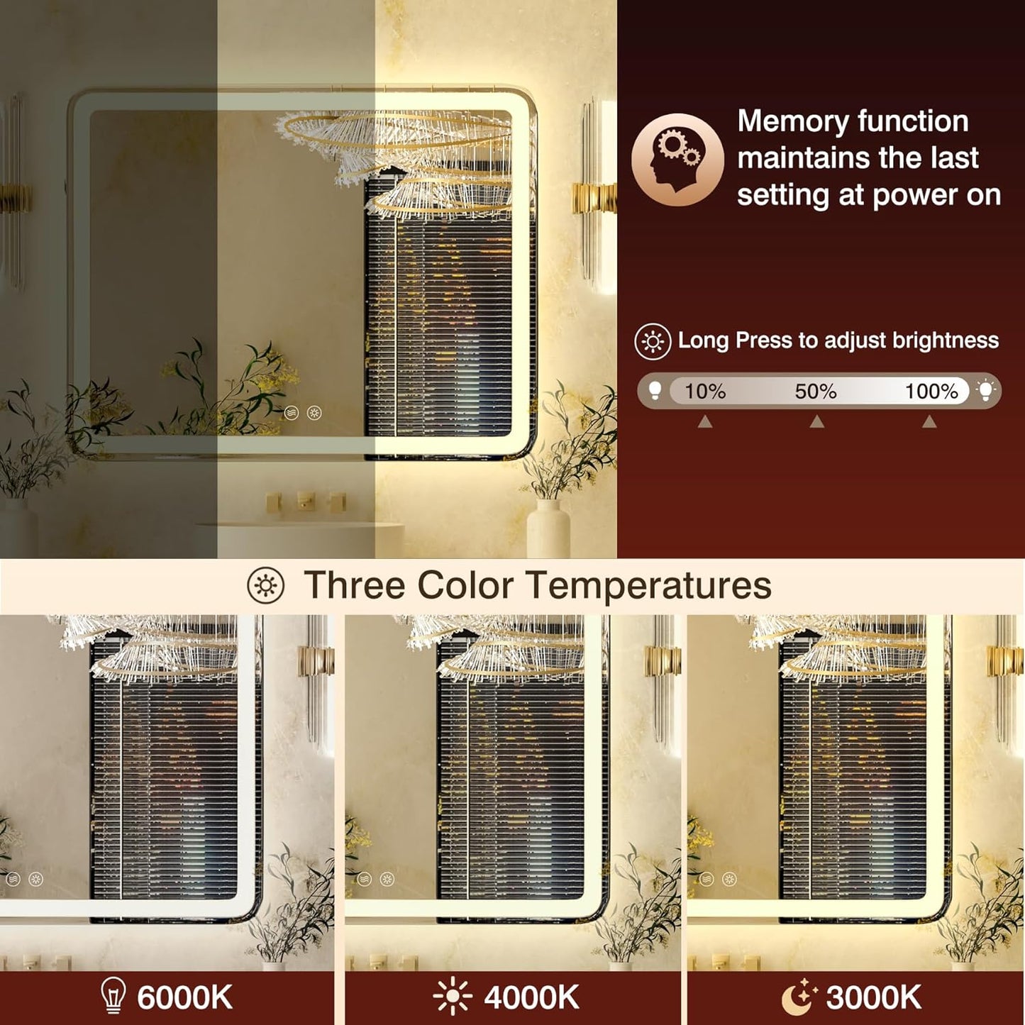 LED Bathroom Mirror 36"x 36" with Front and Backlight, Stepless Dimmable Wall Mirrors with Anti-Fog, 3 Colors, Smart Bathroom Vanity Mirror