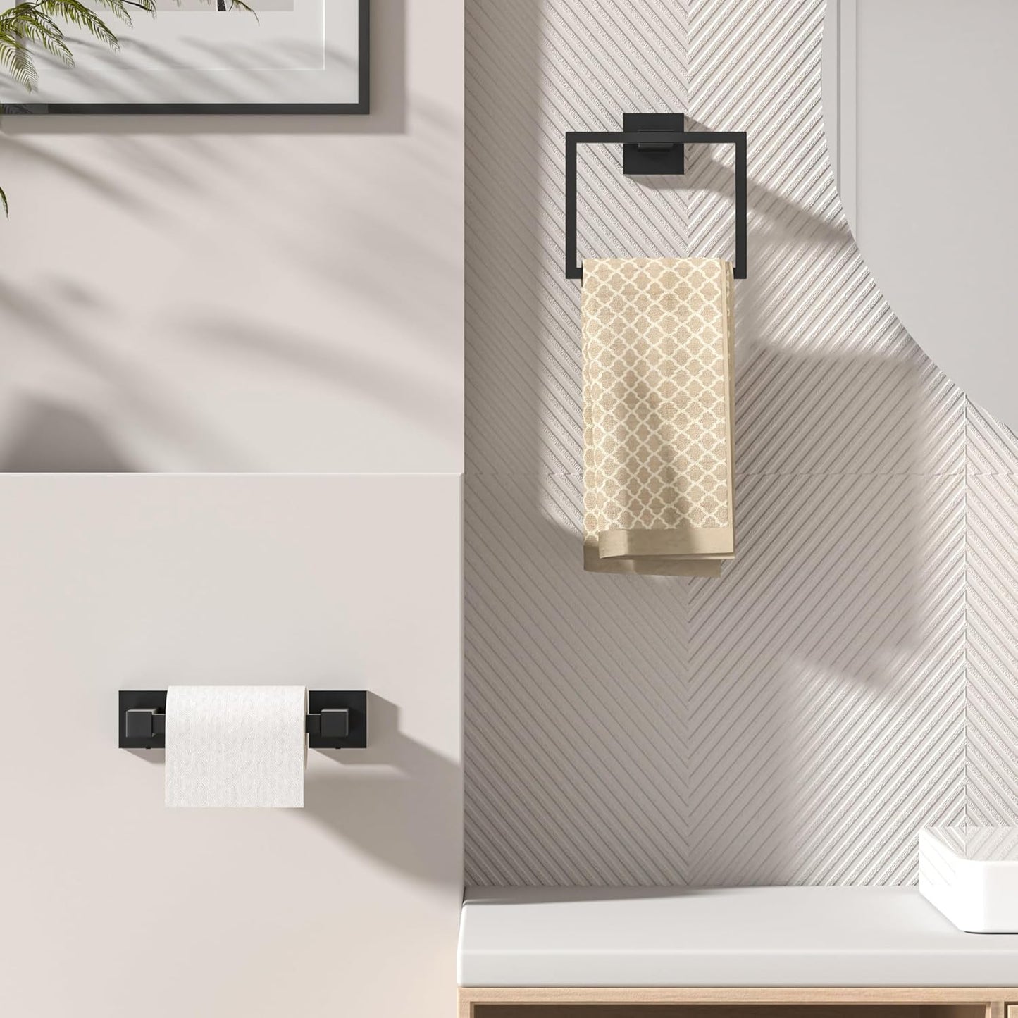 FORIOUS Toilet Paper Holder Set Wall Mount, SUS 304 Stainless Steel Pivoting Toilet Paper Holder and Towel Ring, Hand Towel Holder Set for Bathroom, Square Bathroom Hardware Set, Matte Black